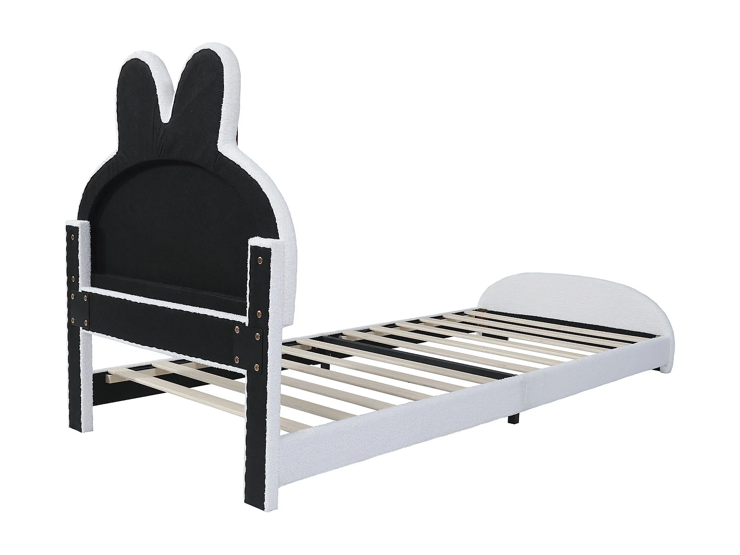 Lit simple 90x200 cm, peluche blanche, lit enfant avec tête de lit oreilles de lapin - sans matelas