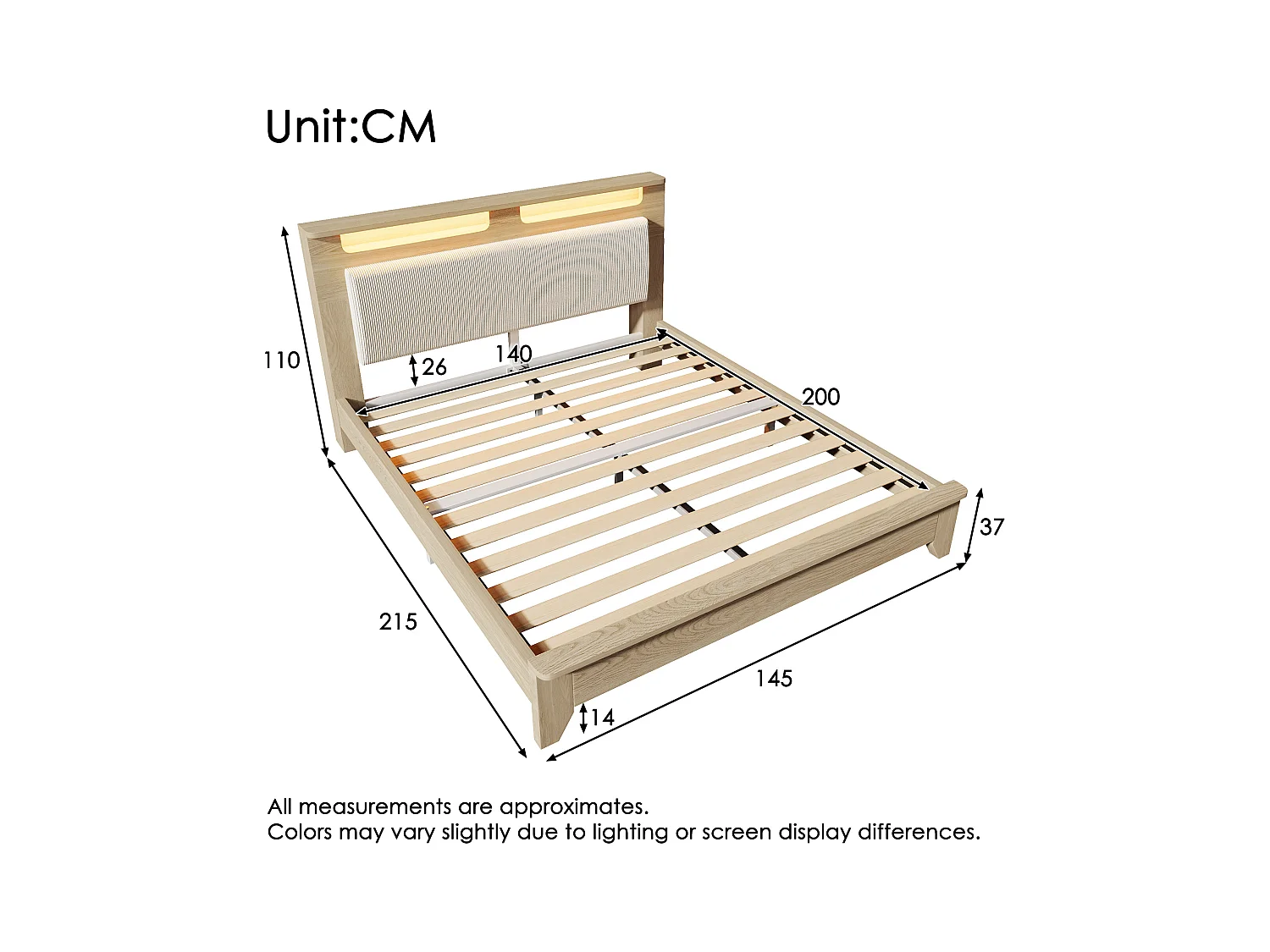 Lit adulte 140x200 cm avec tête de lit et sommier à lattes, éclairage LED, chêne clair, velours côtelé beige