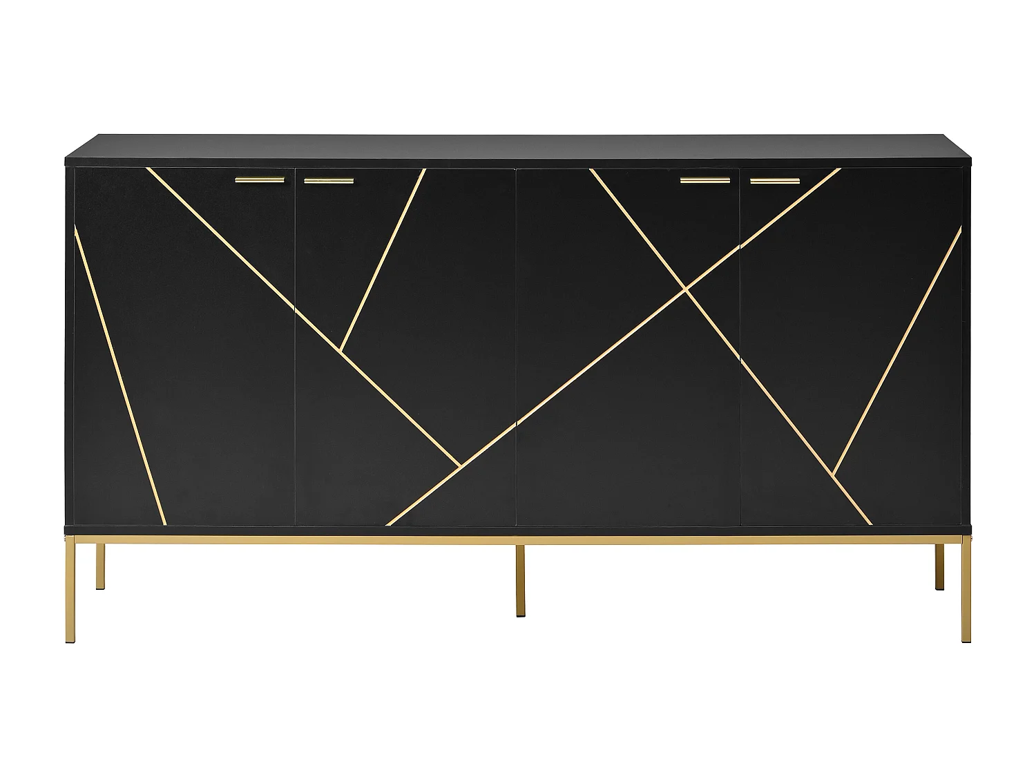 Zwarte dressoir met 4 deuren en gouden lijstwerk, metalen poten - geschikt voor woonkamers en slaapkamers