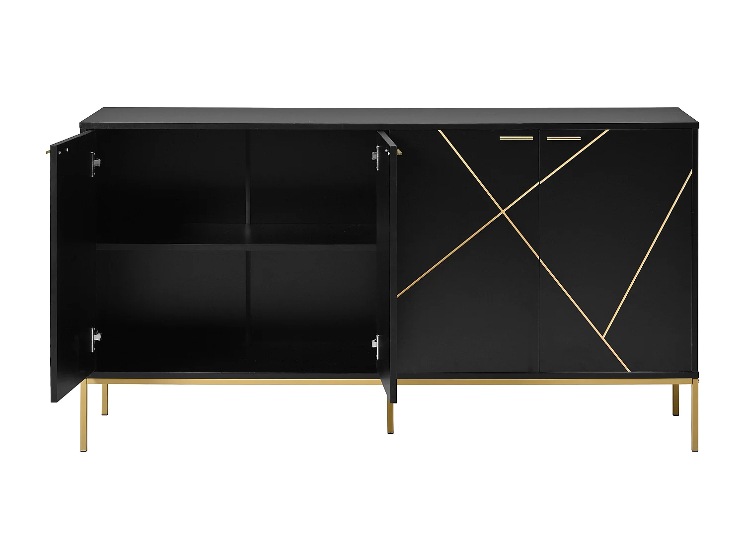 Zwarte dressoir met 4 deuren en gouden lijstwerk, metalen poten - geschikt voor woonkamers en slaapkamers