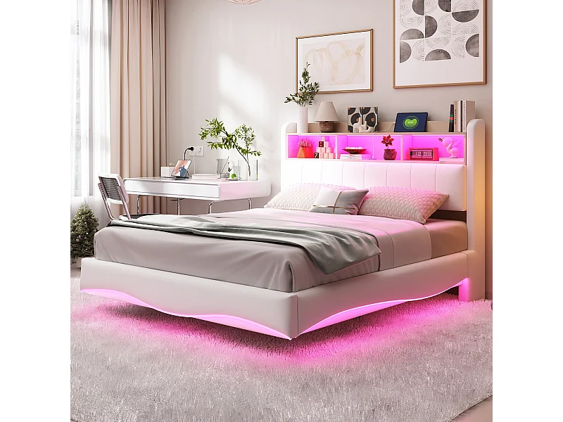 Lit adulte 140x200 cm, lin beige, lit double avec LED et ports USB/Type-C, tête de lit avec rangement