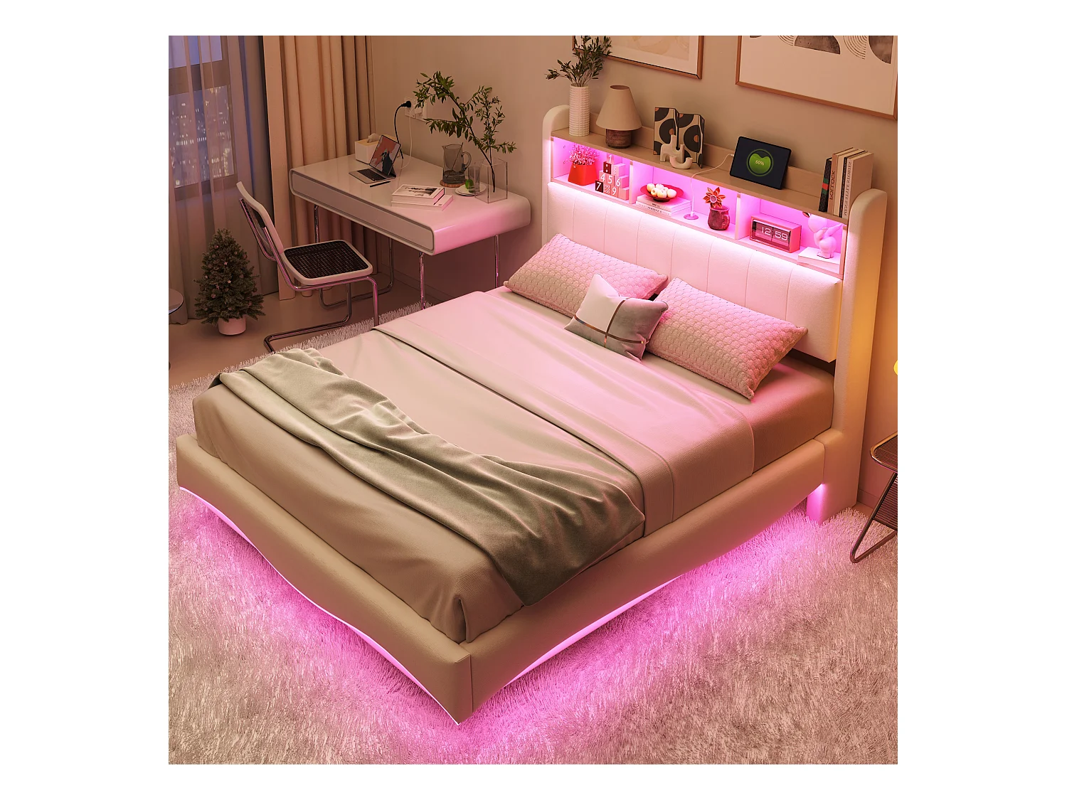 Lit adulte 140x200 cm, lin beige, lit double avec LED et ports USB/Type-C, tête de lit avec rangement