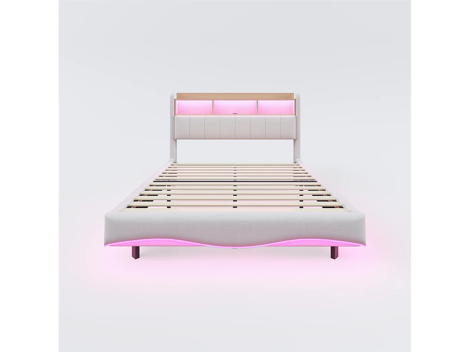 Lit adulte 140x200 cm, lin beige, lit double avec LED et ports USB/Type-C, tête de lit avec rangement