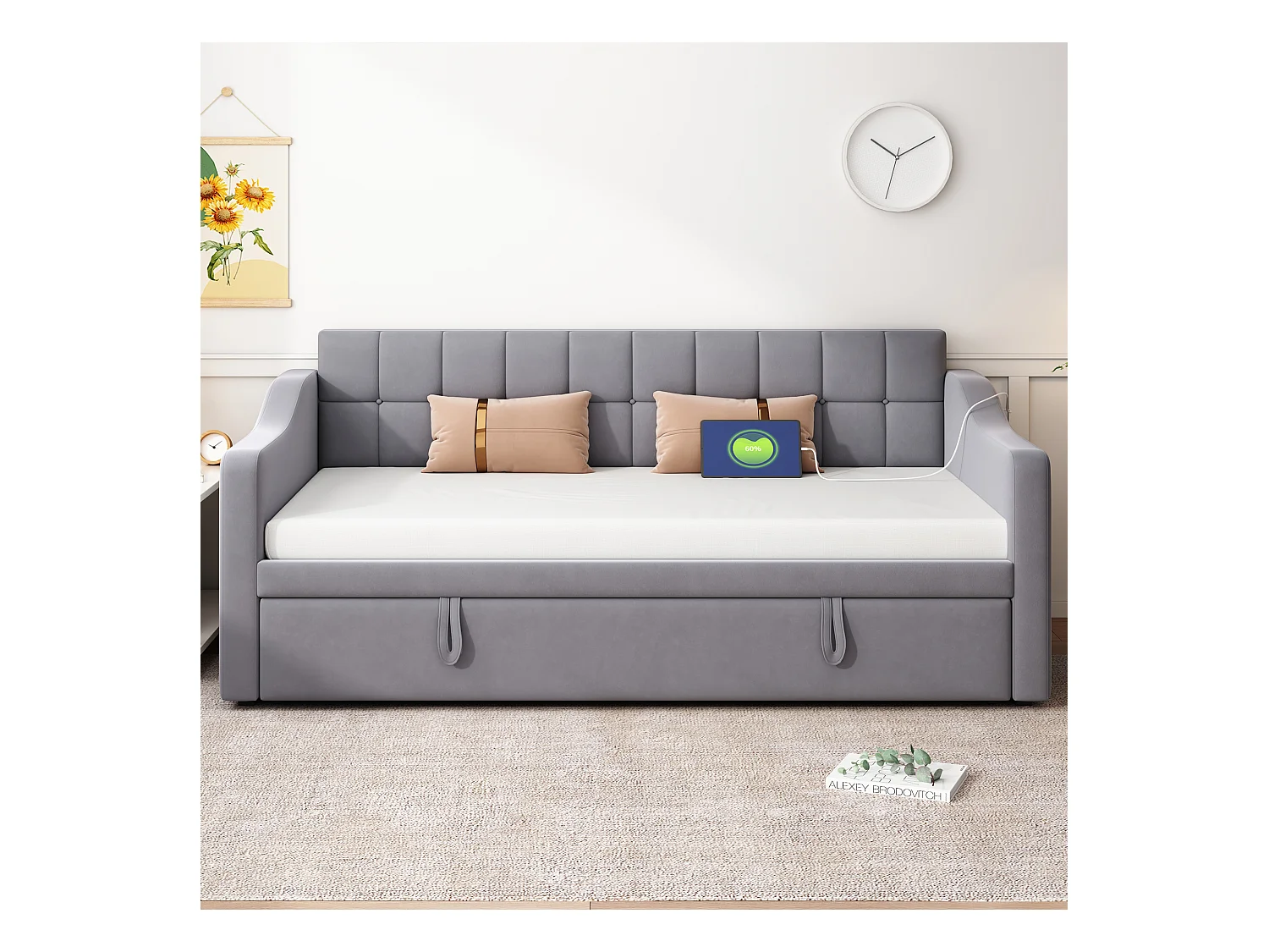 Lit banquette 90/180x190 cm, velours gris, avec lit gigogne et prise USB - sans matelas
