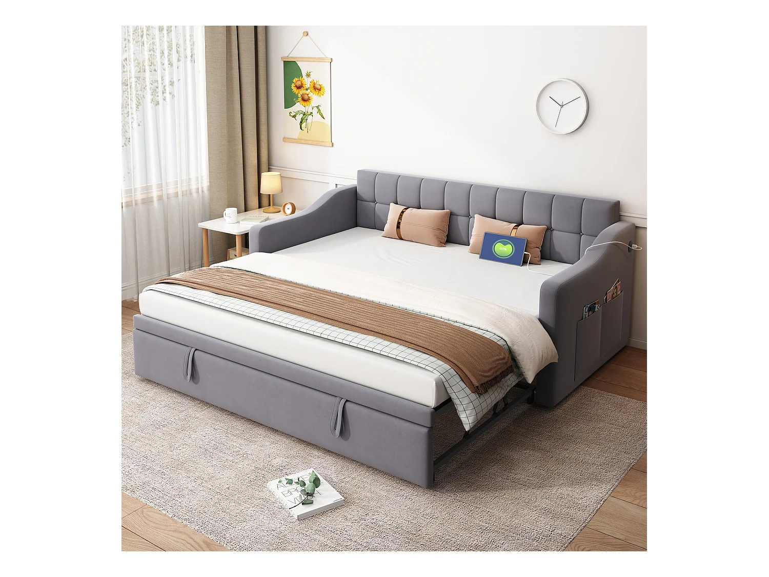 Lit banquette 90/180x190 cm, velours gris, avec lit gigogne et prise USB - sans matelas