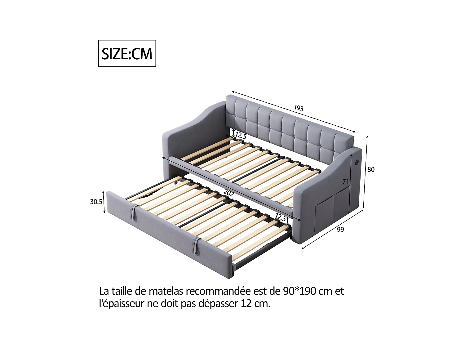 Lit banquette 90/180x190 cm, velours gris, avec lit gigogne et prise USB - sans matelas