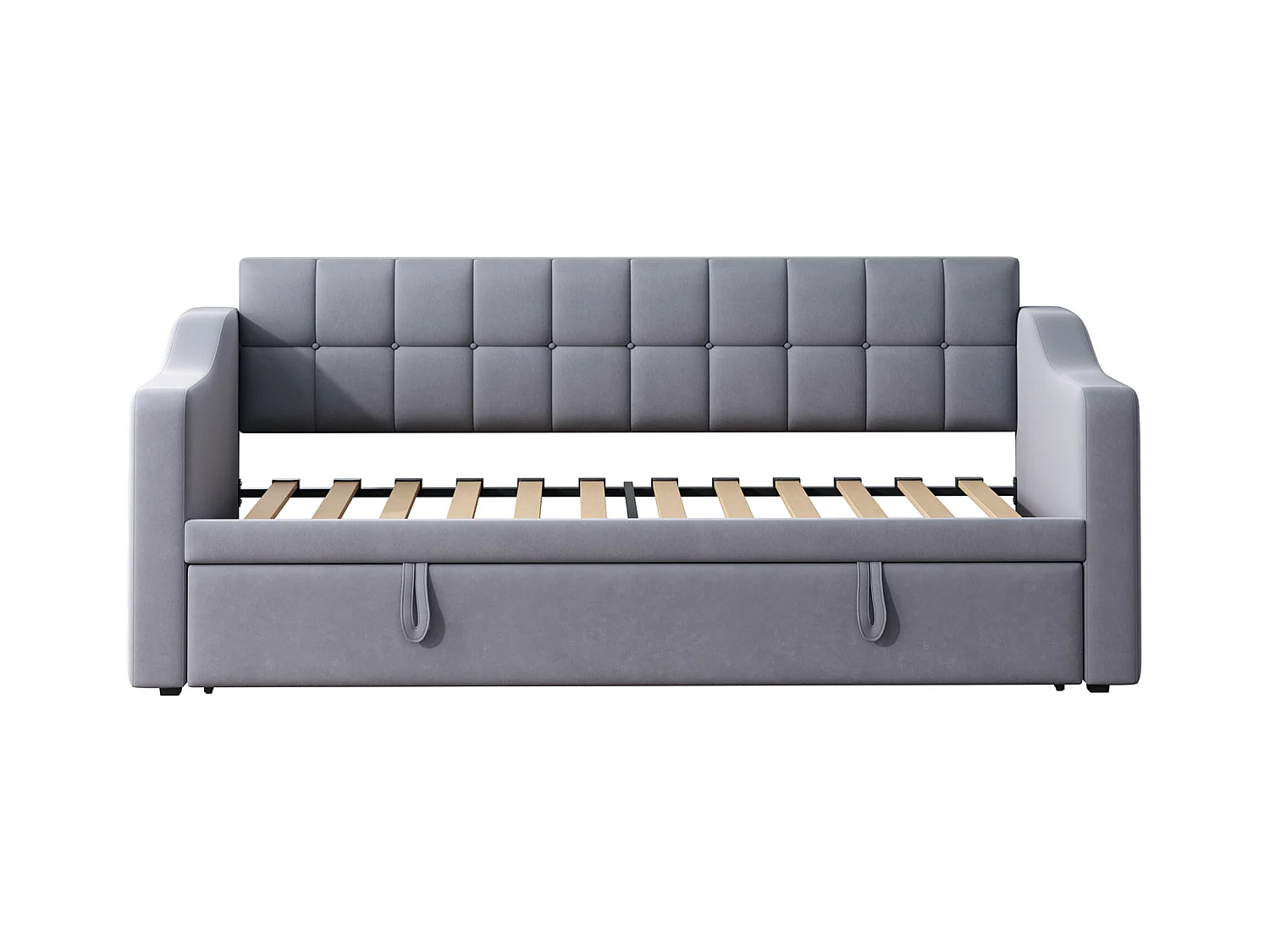 Lit banquette 90/180x190 cm, velours gris, avec lit gigogne et prise USB - sans matelas