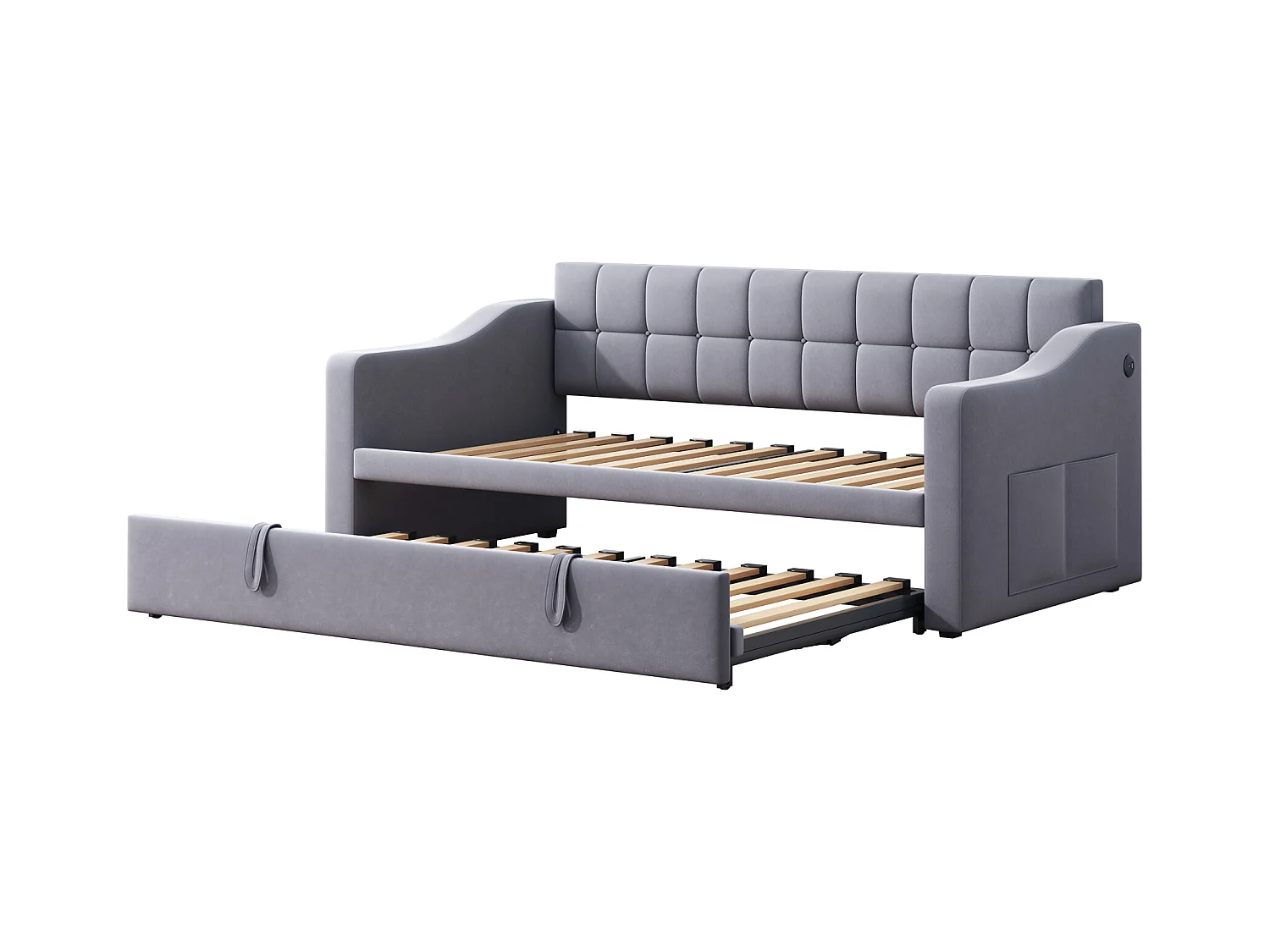 Lit banquette 90/180x190 cm, velours gris, avec lit gigogne et prise USB - sans matelas