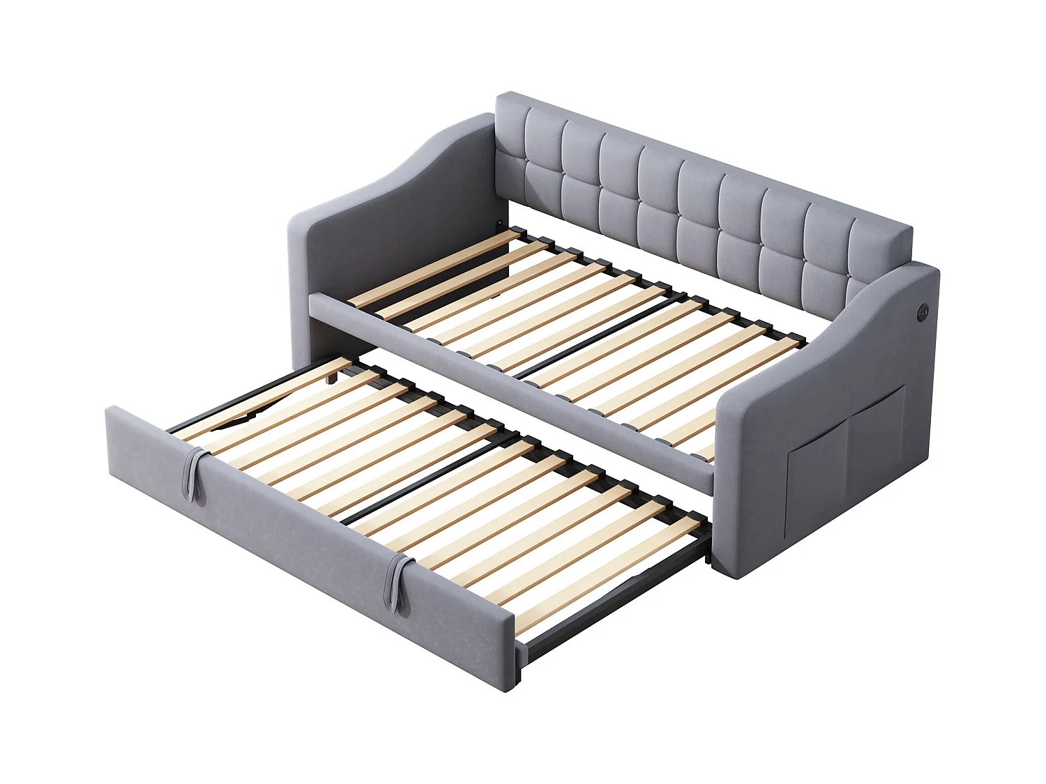 Lit banquette 90/180x190 cm, velours gris, avec lit gigogne et prise USB - sans matelas