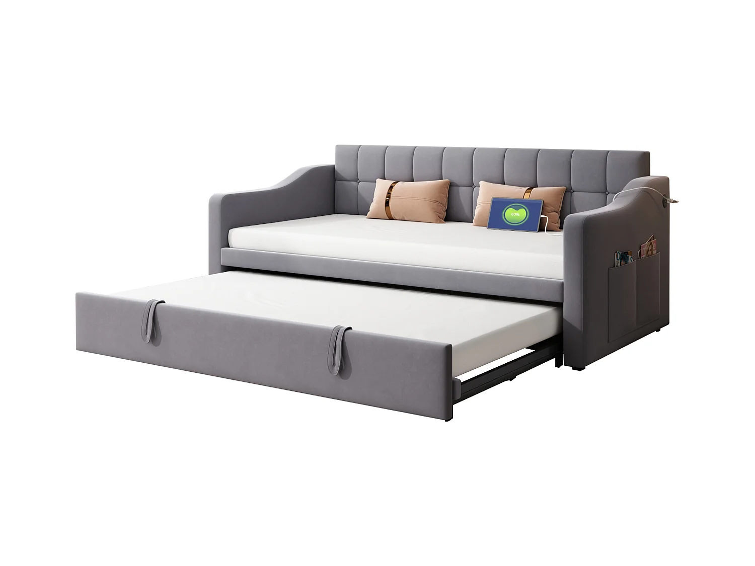 Lit banquette 90/180x190 cm, velours gris, avec lit gigogne et prise USB - sans matelas