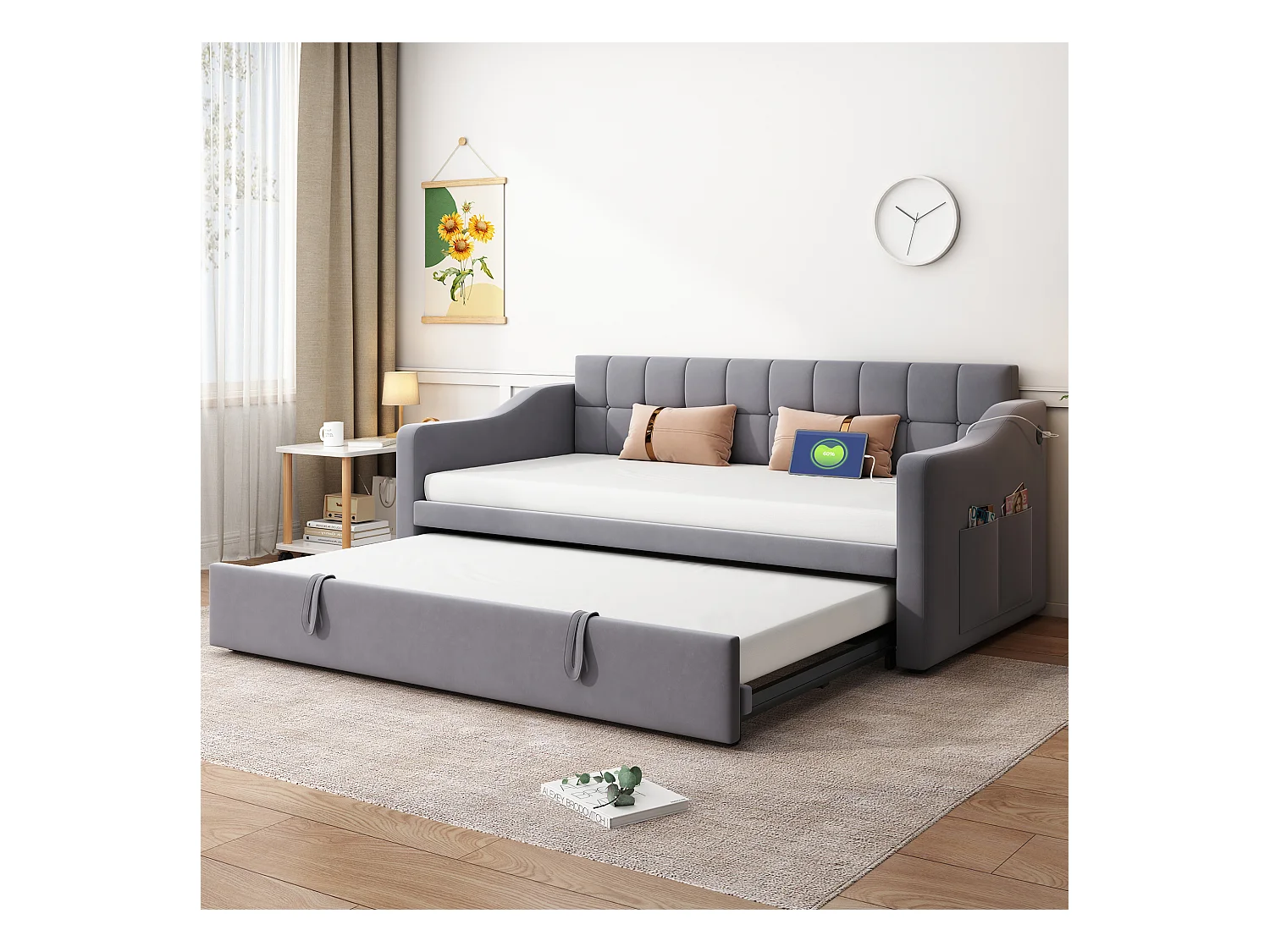 Lit banquette 90/180x190 cm, velours gris, avec lit gigogne et prise USB - sans matelas