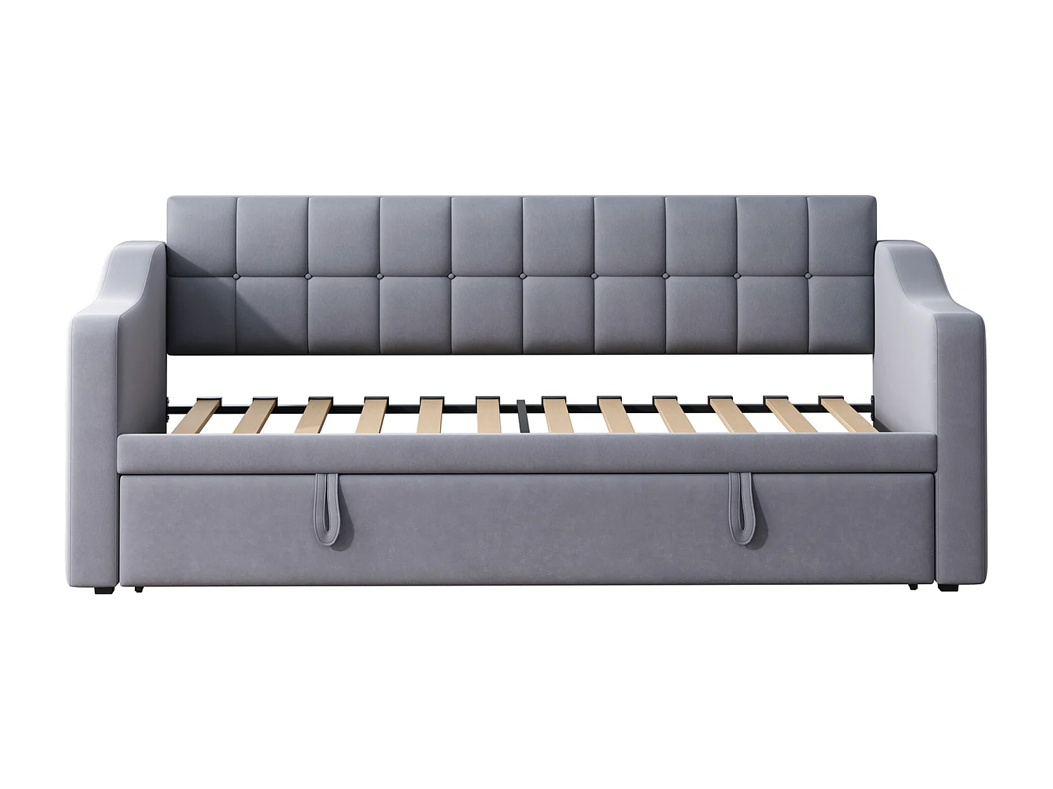 Sofa rozkładana 90/180x190 cm, szary aksamit, z wysuwanym łóżkiem i gniazdem USB – bez materaca