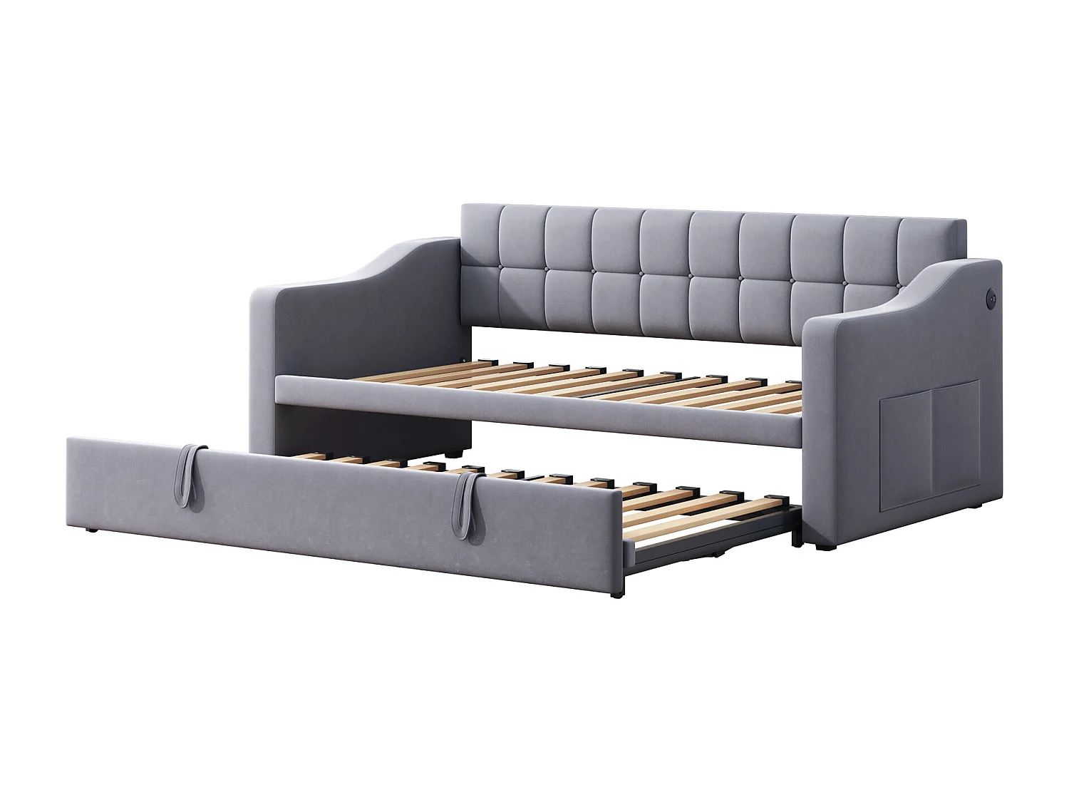 Sofa rozkładana 90/180x190 cm, szary aksamit, z wysuwanym łóżkiem i gniazdem USB – bez materaca