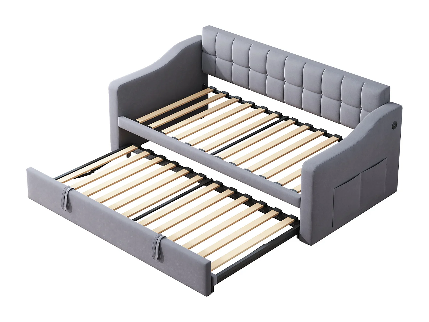 Sofa rozkładana 90/180x190 cm, szary aksamit, z wysuwanym łóżkiem i gniazdem USB – bez materaca