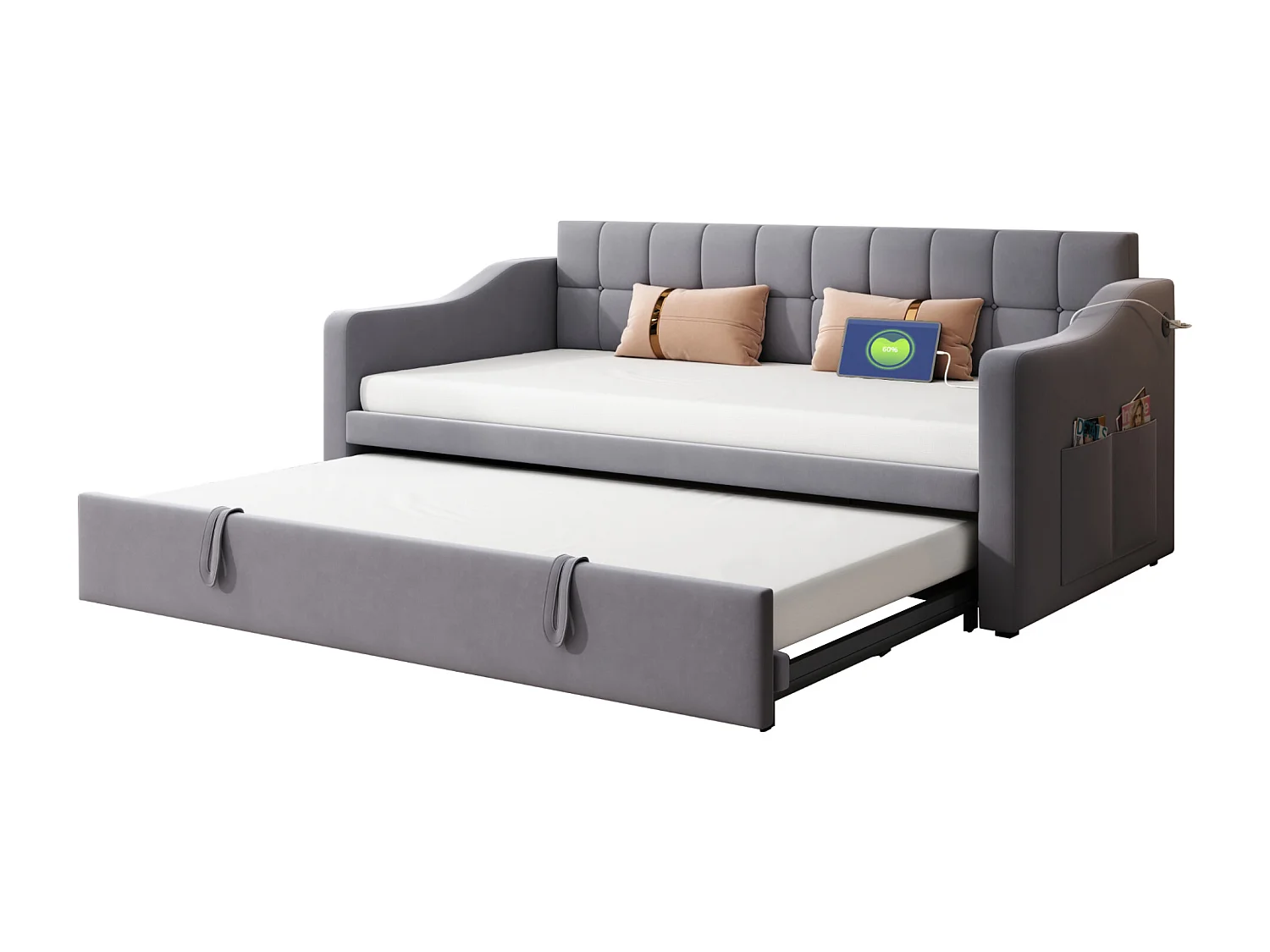 Sofa rozkładana 90/180x190 cm, szary aksamit, z wysuwanym łóżkiem i gniazdem USB – bez materaca