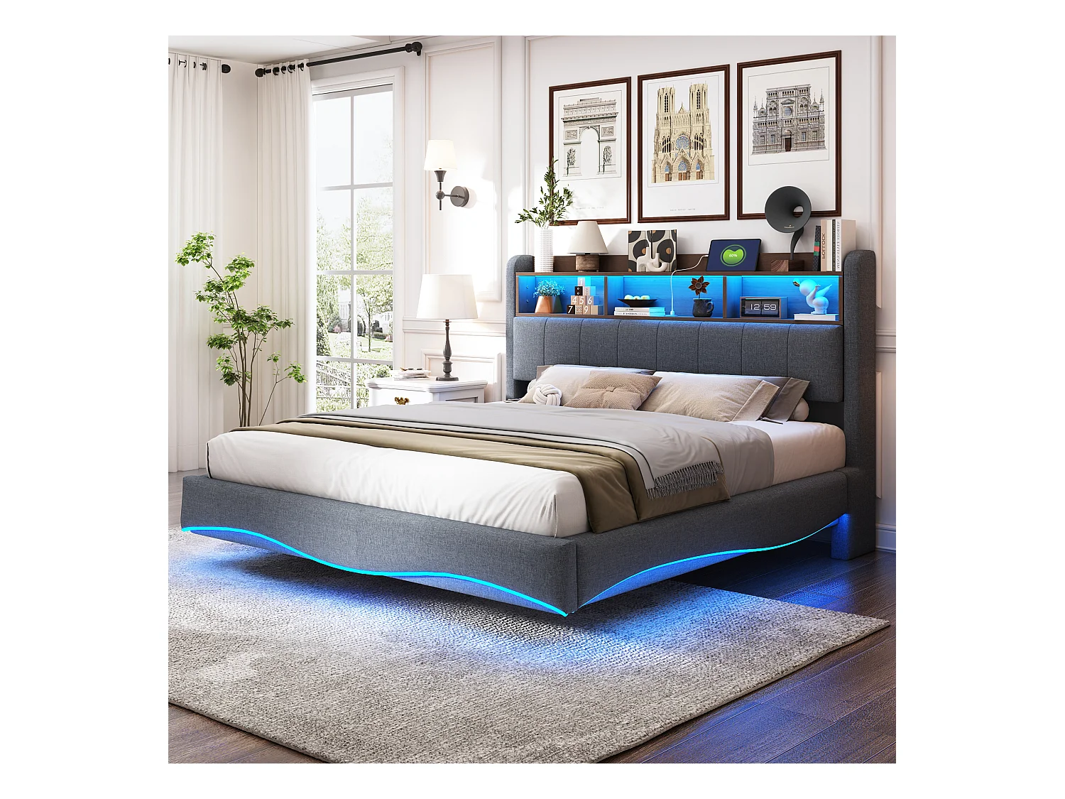 Tweepersoonsbed 160x200 cm, grijs linnen, met led-verlichting en USB/Type-C-aansluitingen, hoofdbord met opbergruimte