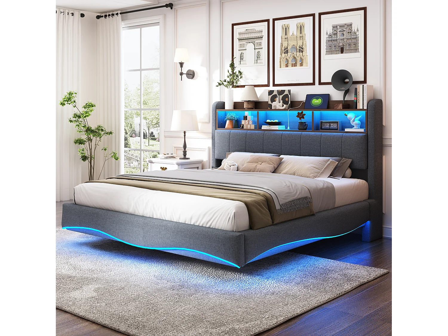 Doppelbett 160 x 200 cm, graues Leinen, Doppelbett mit LED-Beleuchtung und USB-/Typ-C-Anschlüssen, Kopfteil mit Stauraum
