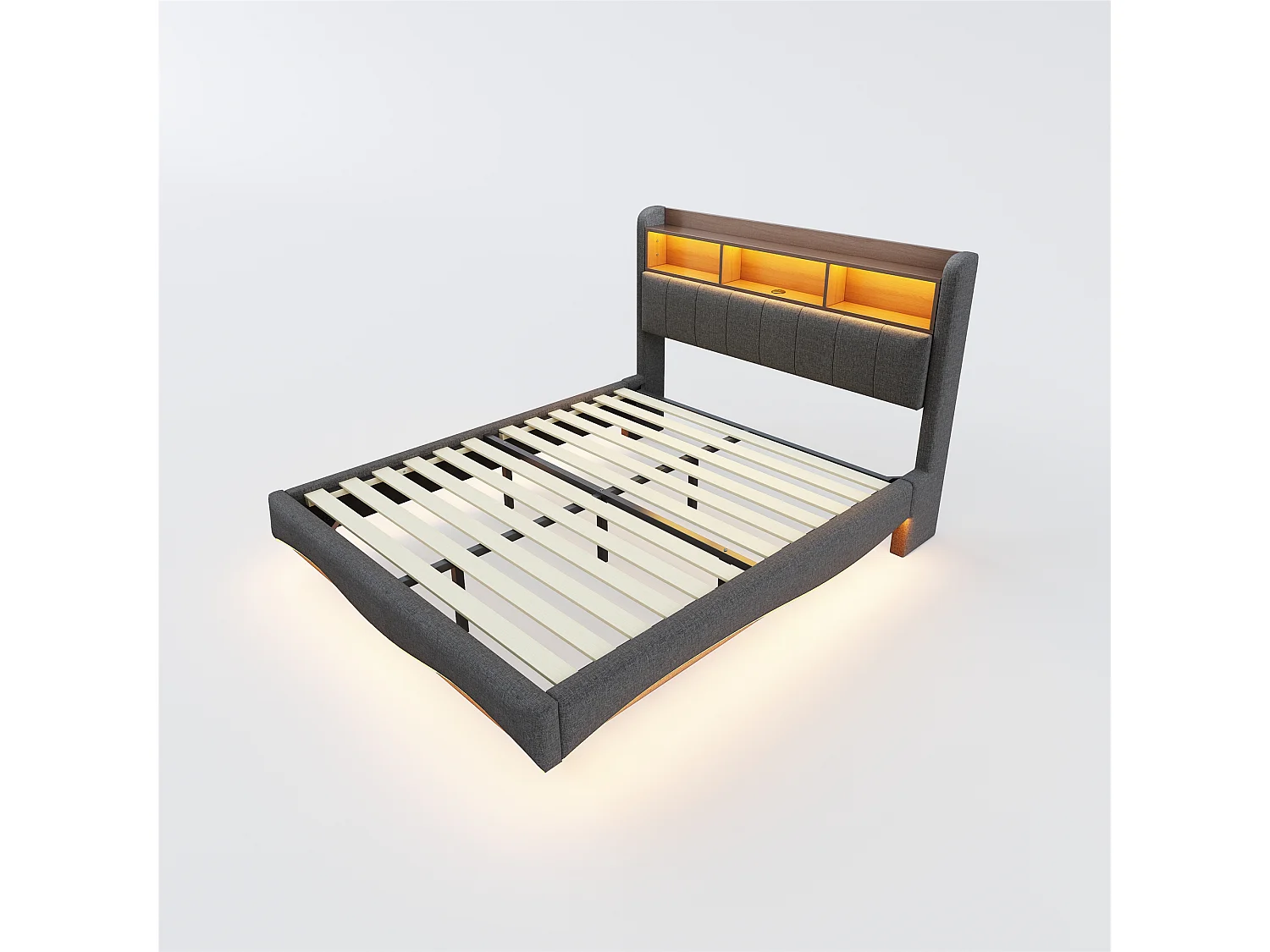 Doppelbett 160 x 200 cm, graues Leinen, Doppelbett mit LED-Beleuchtung und USB-/Typ-C-Anschlüssen, Kopfteil mit Stauraum