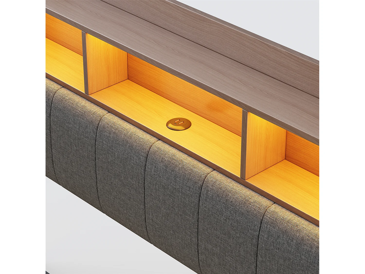 Doppelbett 160 x 200 cm, graues Leinen, Doppelbett mit LED-Beleuchtung und USB-/Typ-C-Anschlüssen, Kopfteil mit Stauraum