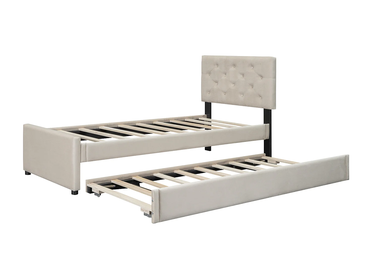 Lit enfant 90 x 200 cm, velours beige, avec lit gigogne et sommier à lattes - sans matelas