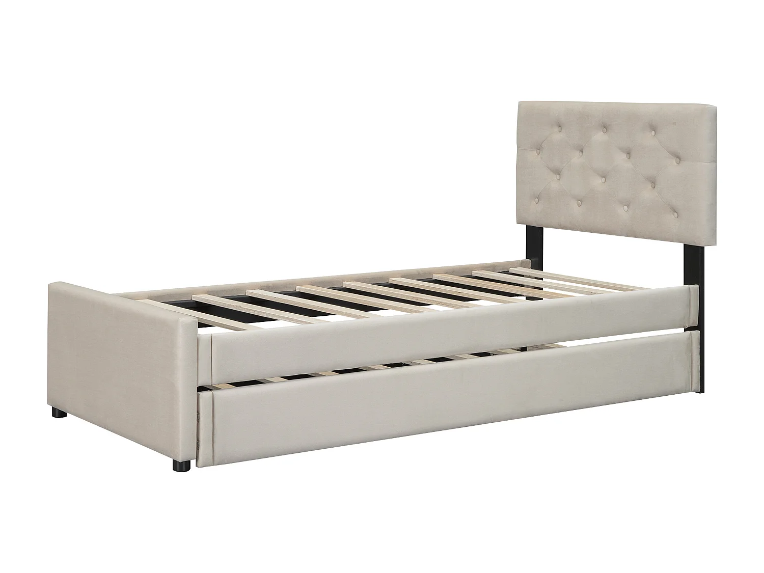 Lit enfant 90 x 200 cm, velours beige, avec lit gigogne et sommier à lattes - sans matelas