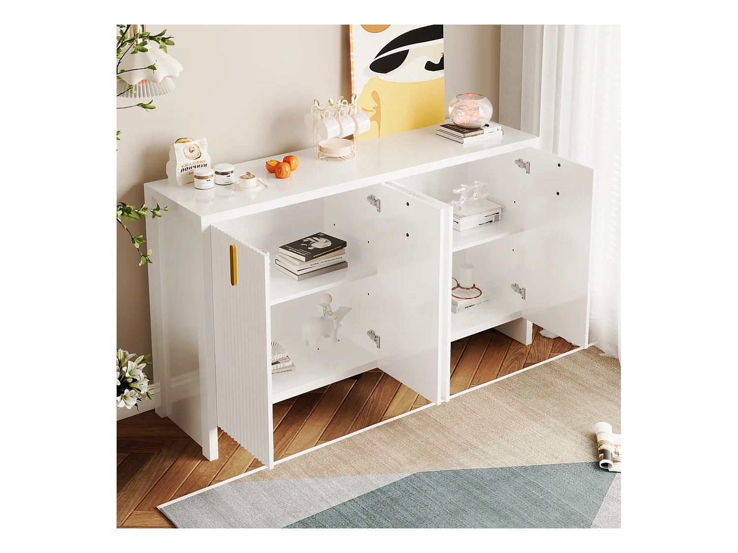 Buffet blanc avec 4 portes rayées et séparateurs réglables, poignées dorées