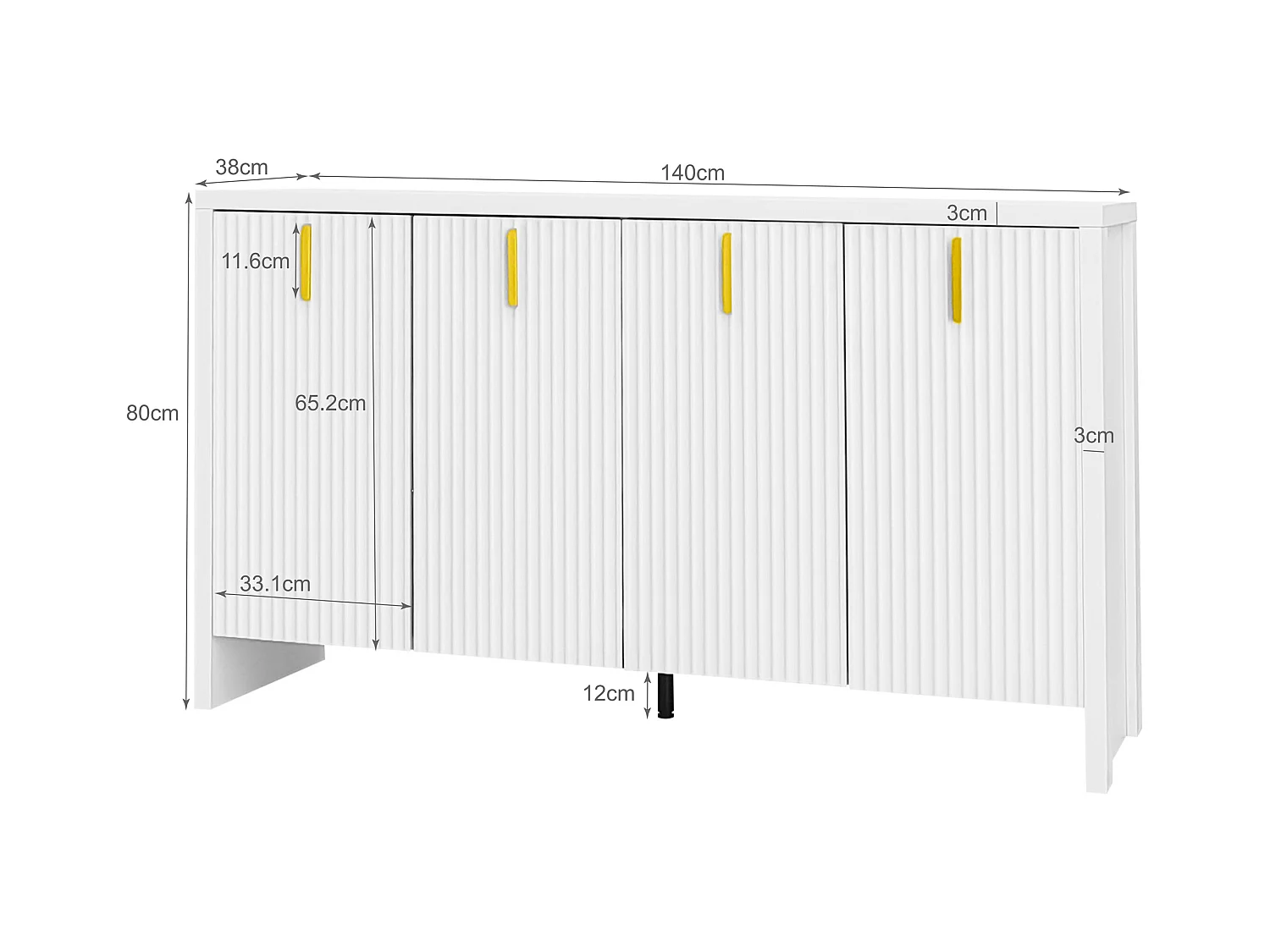 Buffet blanc avec 4 portes rayées et séparateurs réglables, poignées dorées