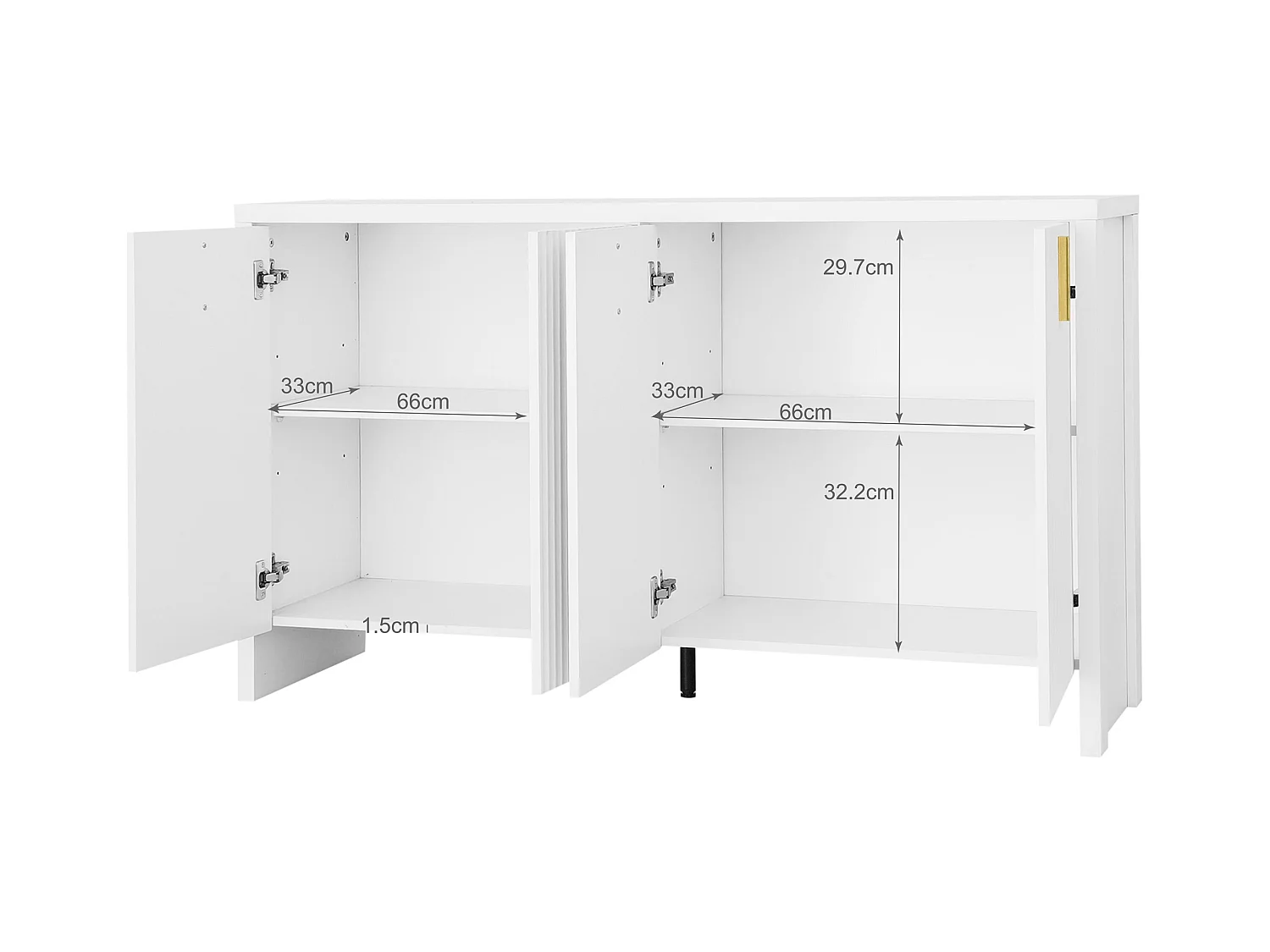 Buffet blanc avec 4 portes rayées et séparateurs réglables, poignées dorées