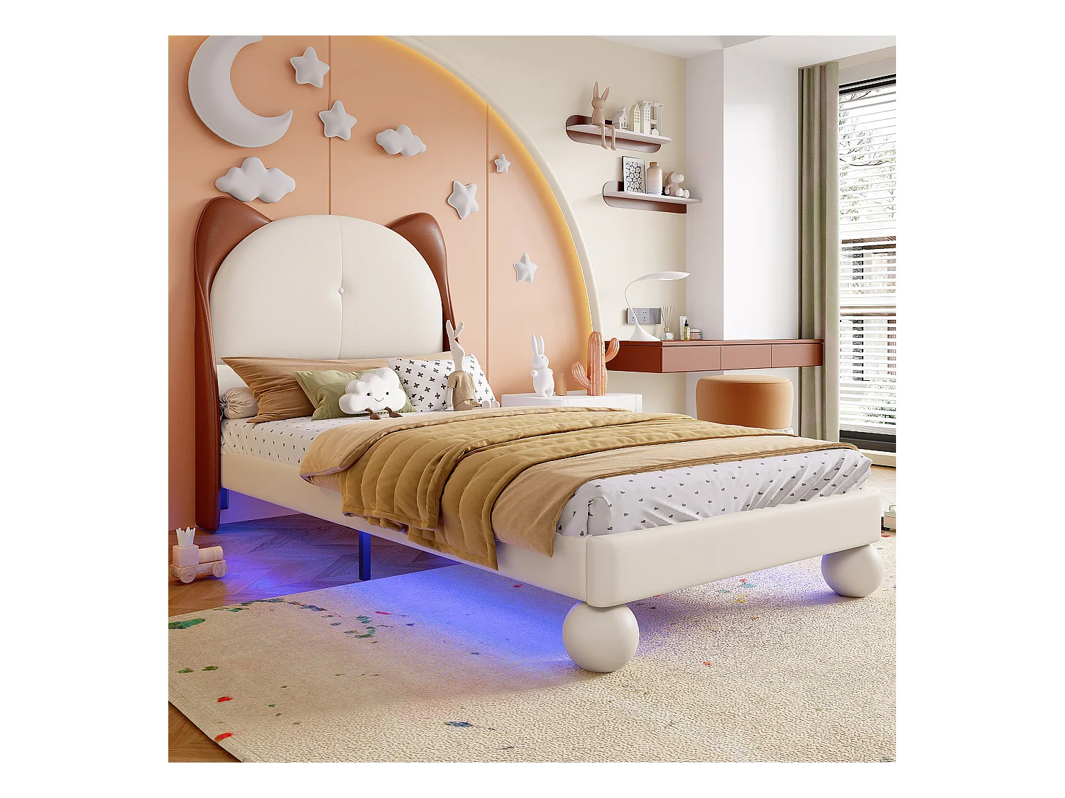 Lit enfant 90x200 cm, PU, lit simple avec lumière LED - beige et marron - sans matelas