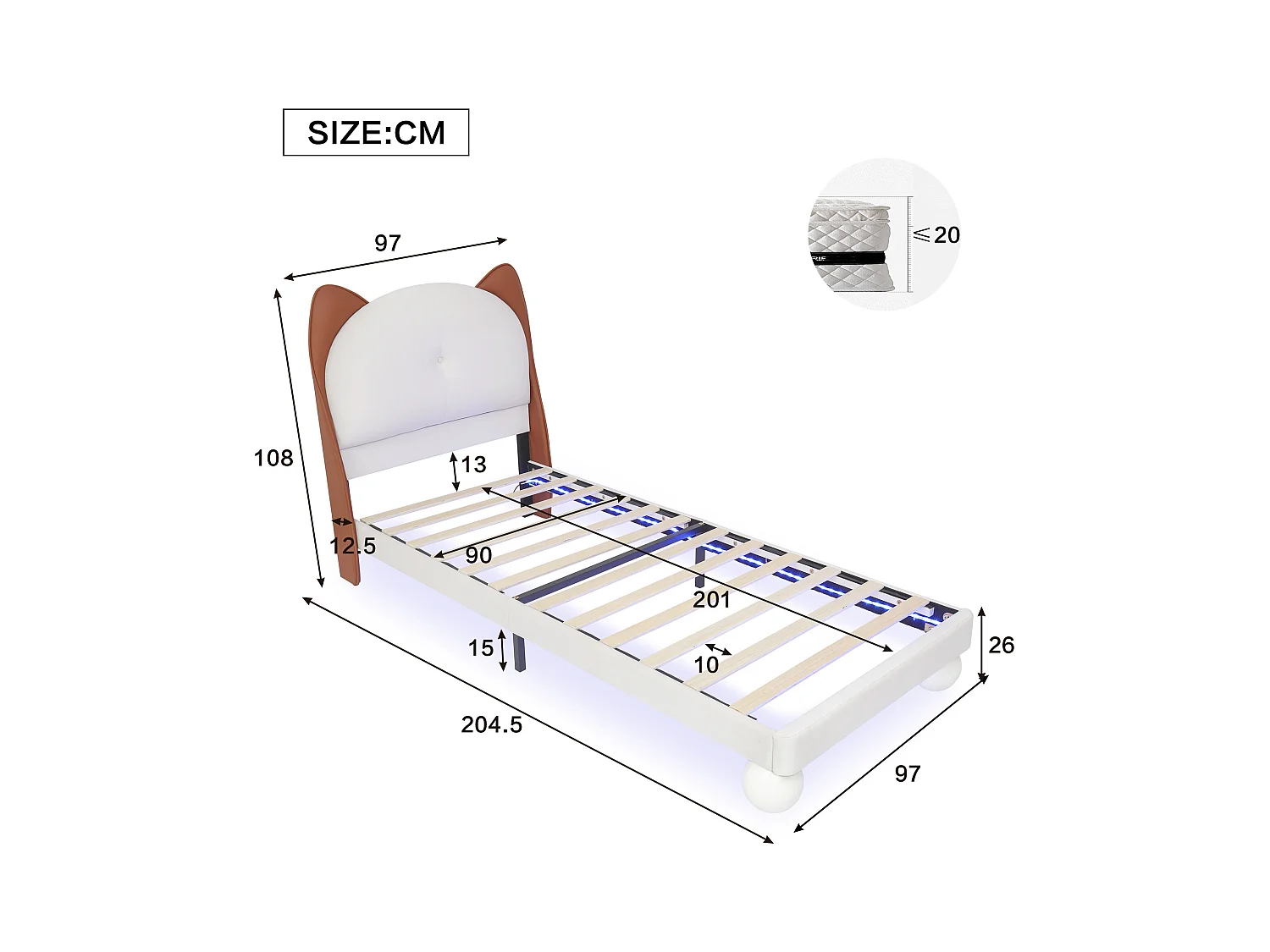 Lit enfant 90x200 cm, PU, lit simple avec lumière LED - beige et marron - sans matelas