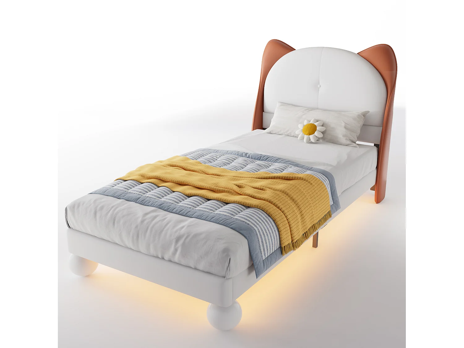 Lit enfant 90x200 cm, PU, lit simple avec lumière LED - beige et marron - sans matelas