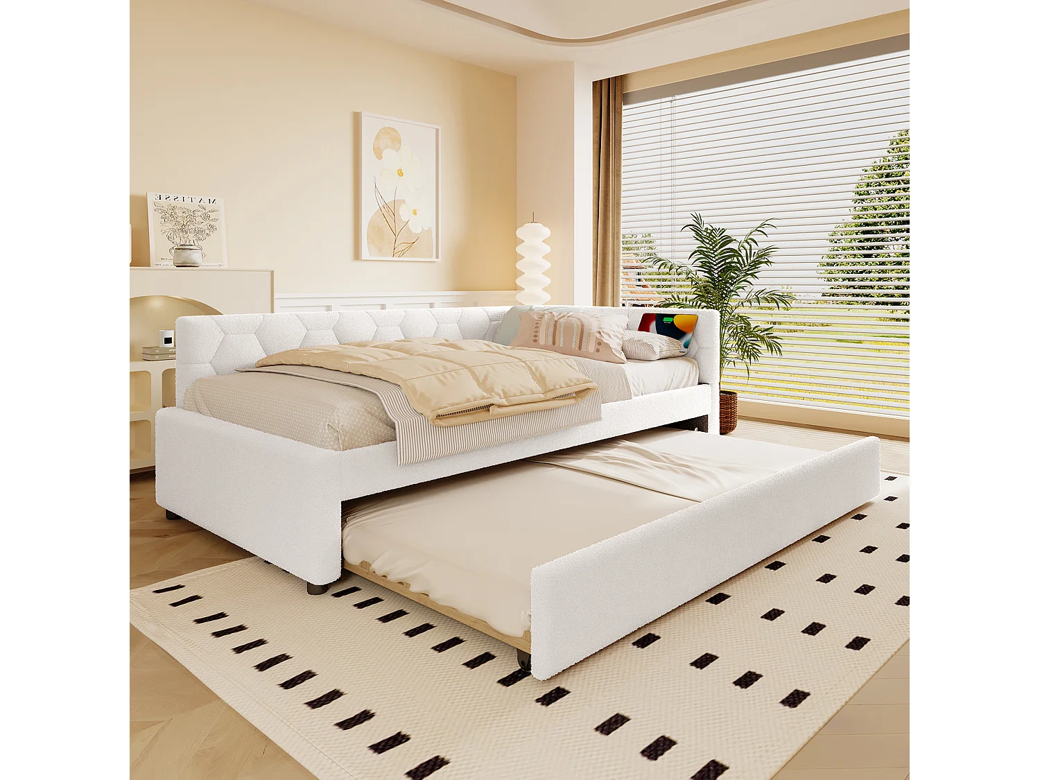 Schlafsofa 90 x 200 cm, weißer Plüsch, Ausziehbett mit Nachttischlampe und USB – ohne Matratze