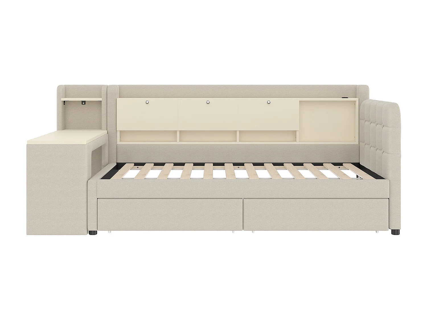 Slaapbank 90x200 cm, beige linnen, volwassen bed met bureau en 2 lades, USB-aansluiting - zonder matras