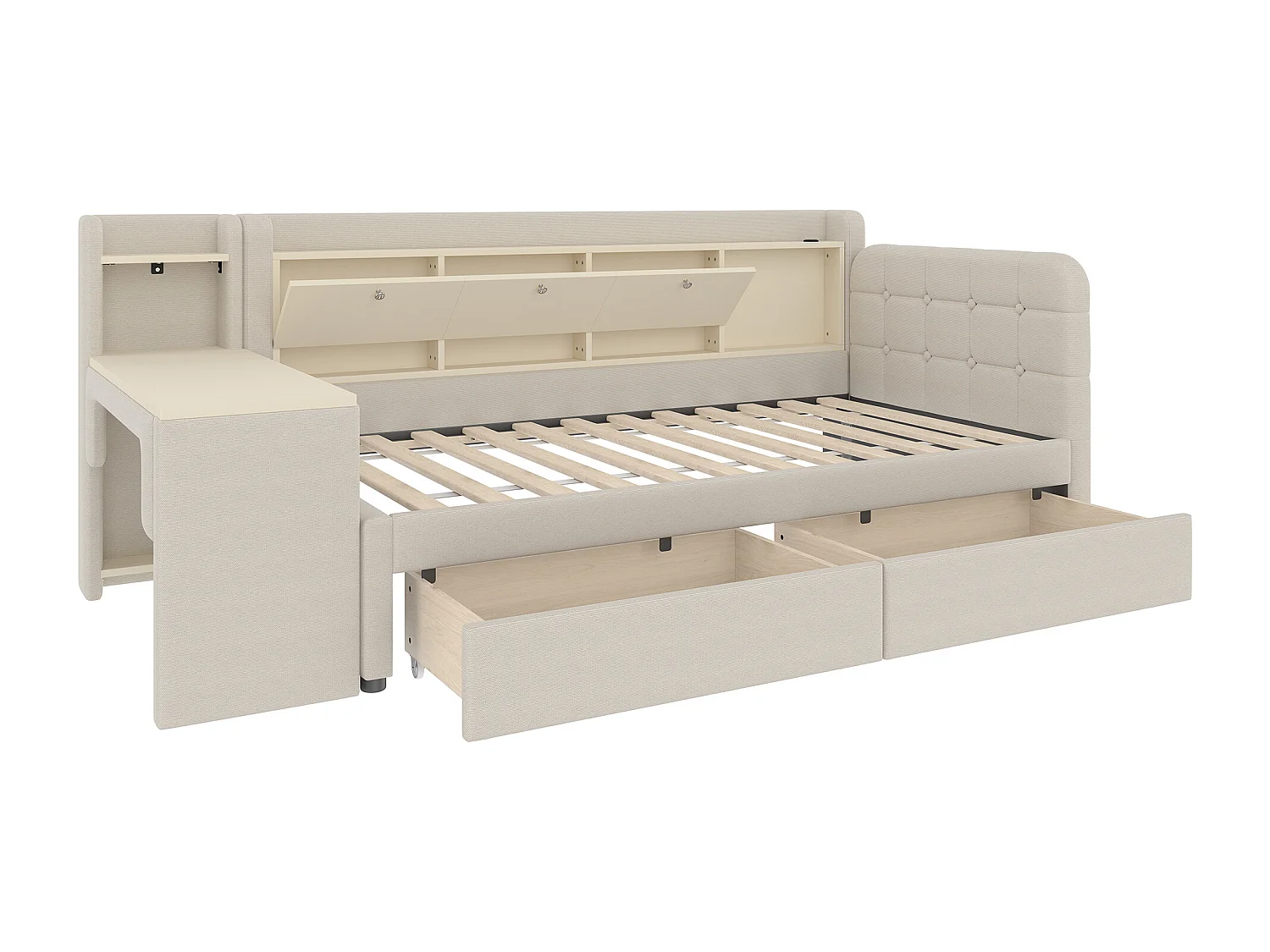 Slaapbank 90x200 cm, beige linnen, volwassen bed met bureau en 2 lades, USB-aansluiting - zonder matras
