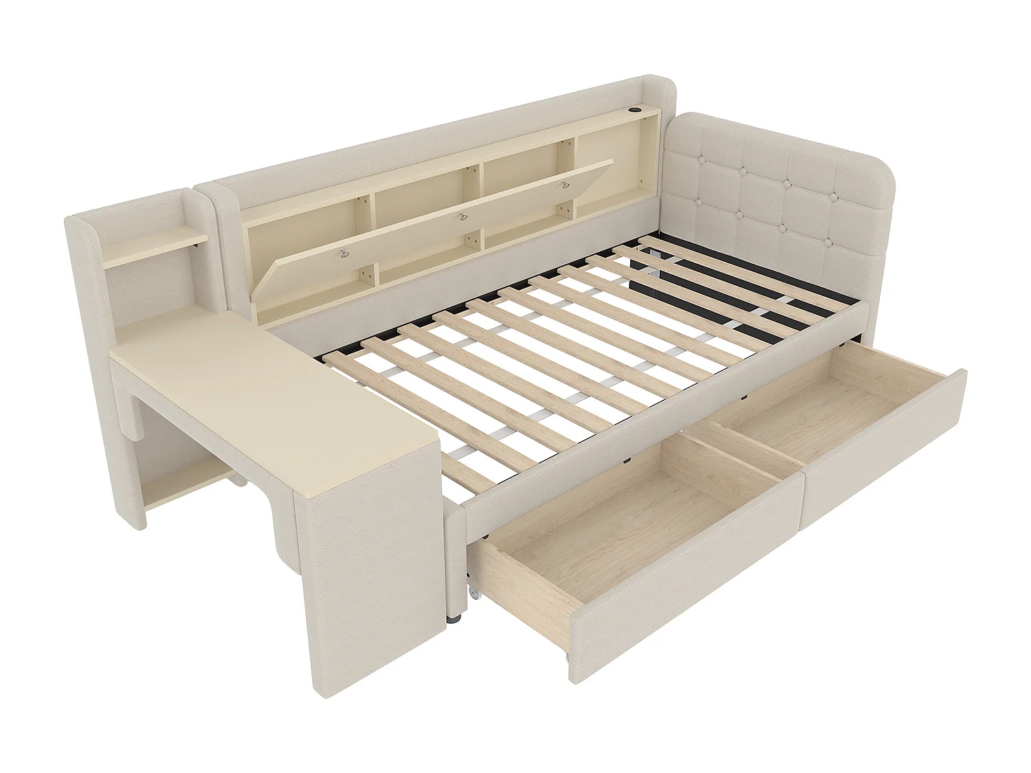 Slaapbank 90x200 cm, beige linnen, volwassen bed met bureau en 2 lades, USB-aansluiting - zonder matras