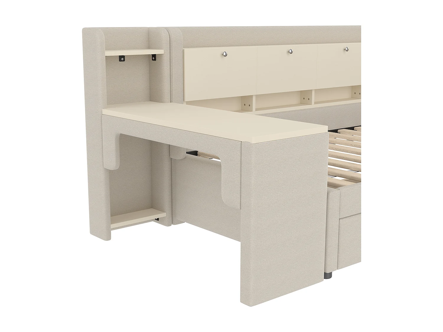 Slaapbank 90x200 cm, beige linnen, volwassen bed met bureau en 2 lades, USB-aansluiting - zonder matras