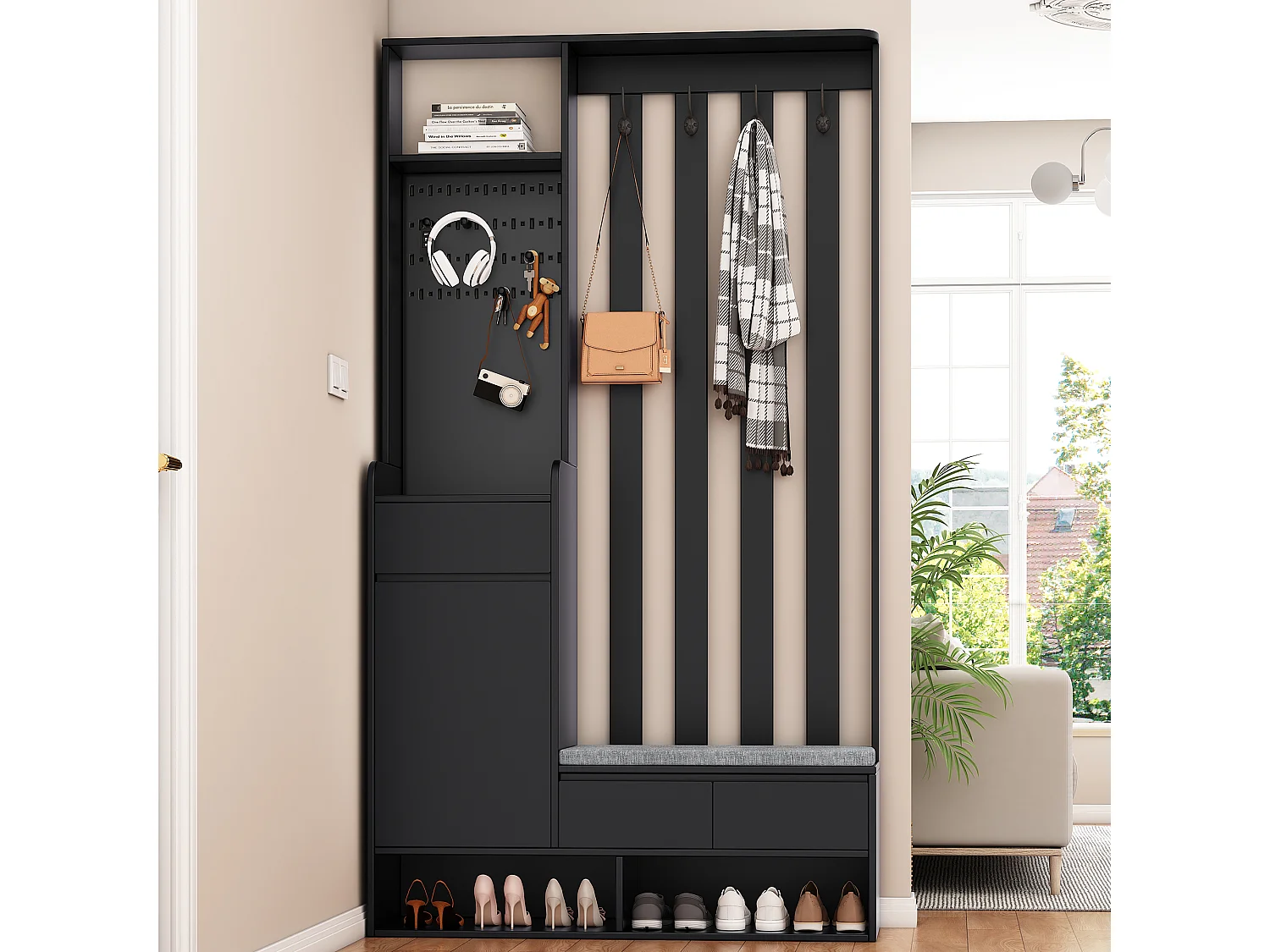 Porte-manteau d’entrée noir avec banc rembourré, 4 crochets et espace de rangement