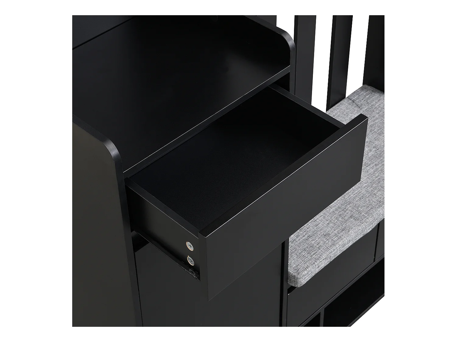 Porte-manteau d’entrée noir avec banc rembourré, 4 crochets et espace de rangement