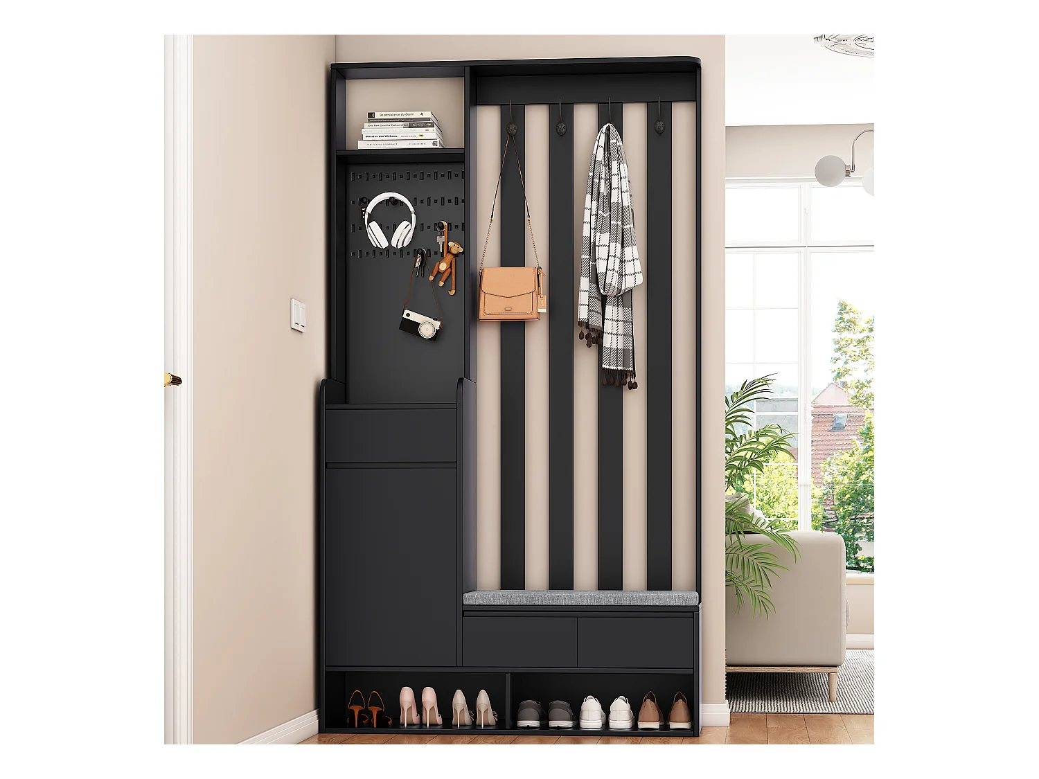 Porte-manteau d’entrée noir avec banc rembourré, 4 crochets et espace de rangement