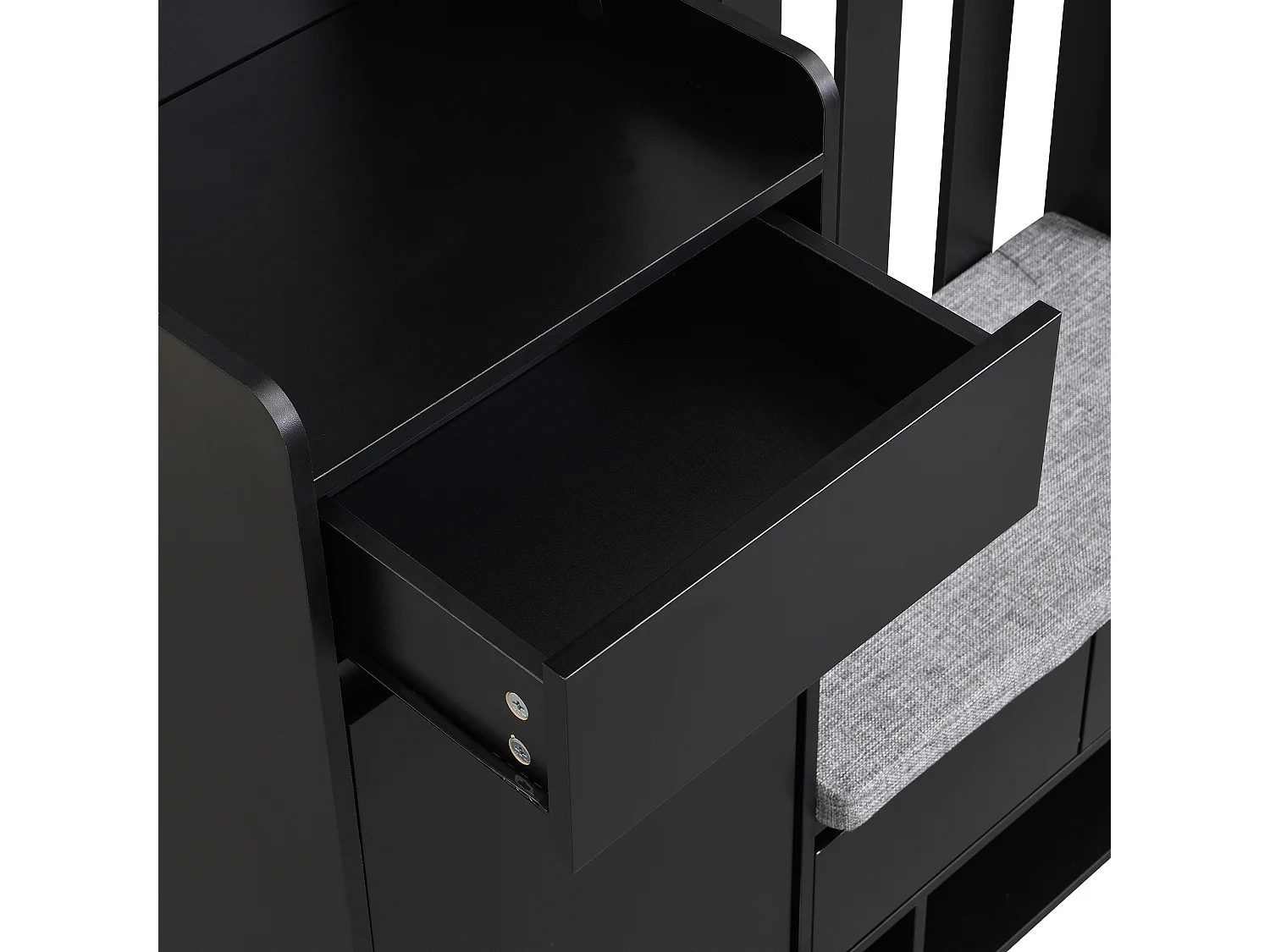 Porte-manteau d’entrée noir avec banc rembourré, 4 crochets et espace de rangement