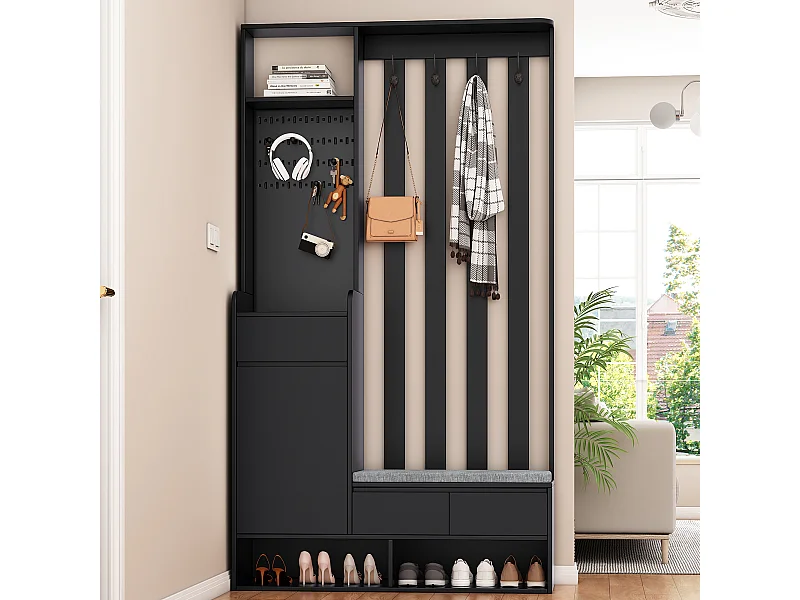 Porte-manteau d’entrée noir avec banc rembourré, 4 crochets et espace de rangement