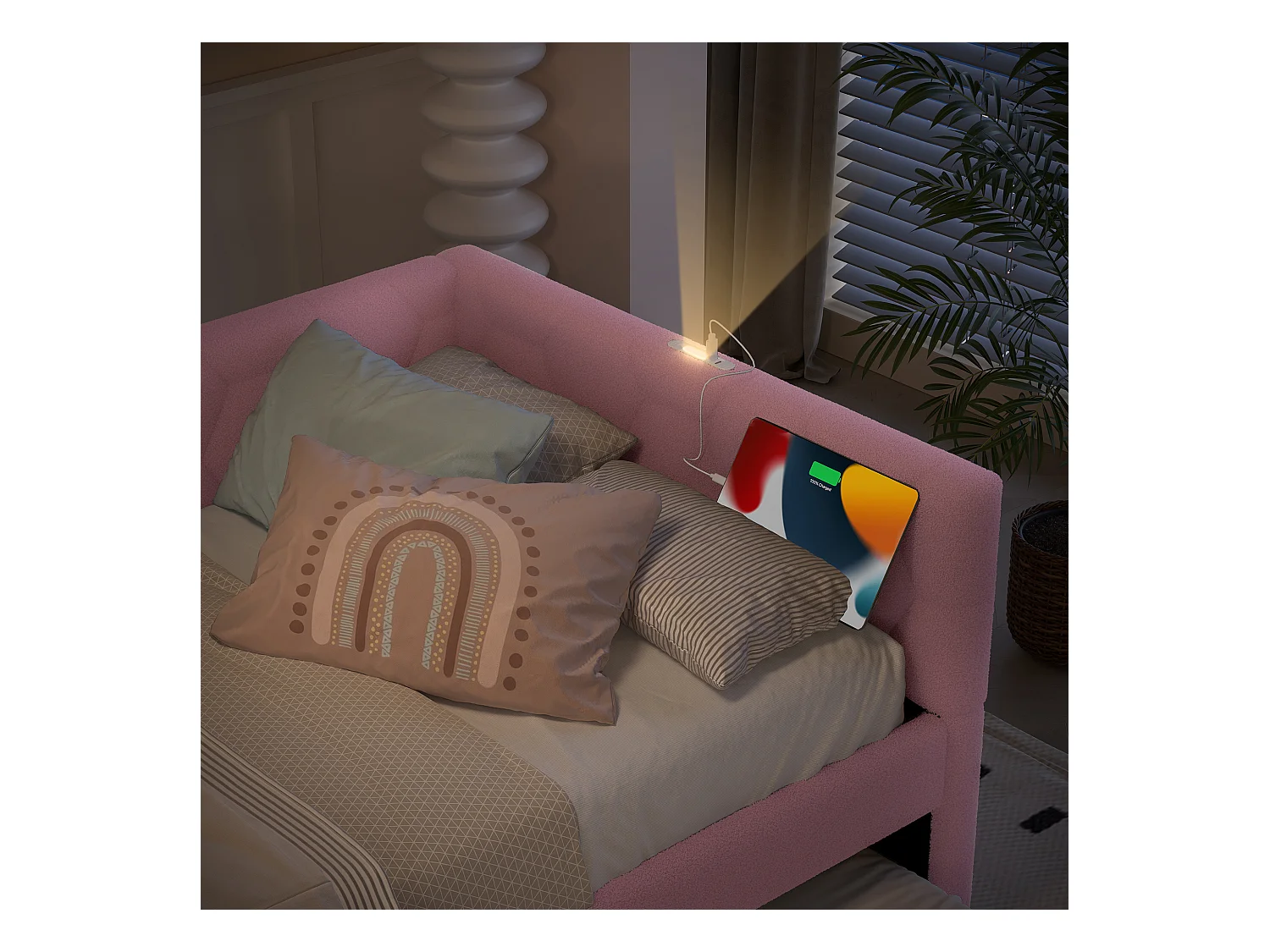 Lit banquette 90x200 cm, peluche rose, lit gigogne avec lampe de chevet et port USB - sans matelas