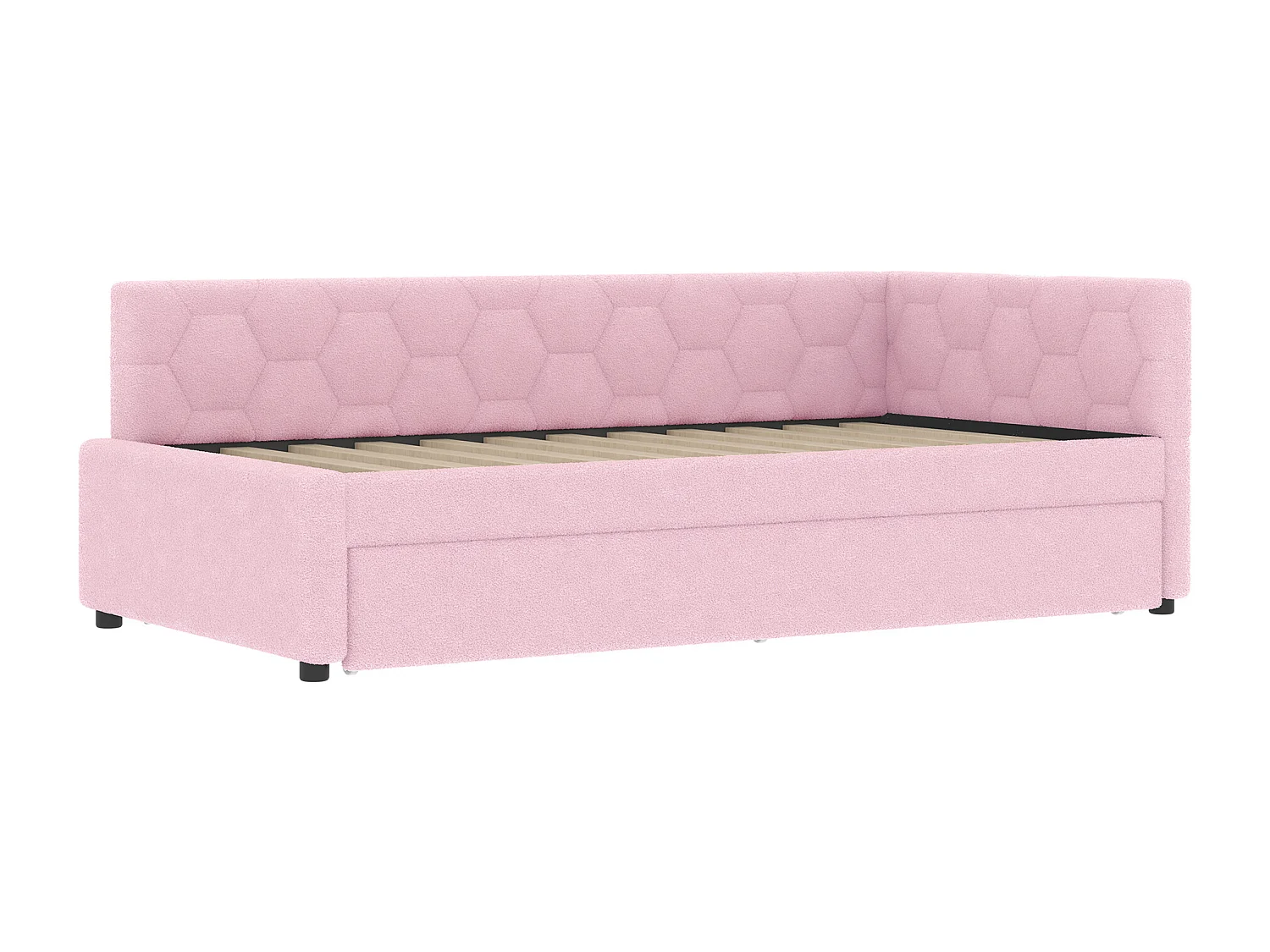 Lit banquette 90x200 cm, peluche rose, lit gigogne avec lampe de chevet et port USB - sans matelas