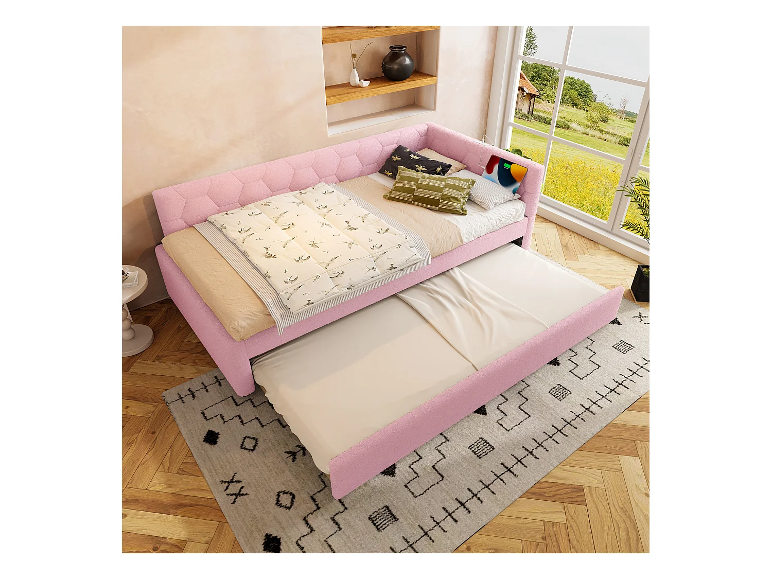 Lit banquette 90x200 cm, peluche rose, lit gigogne avec lampe de chevet et port USB - sans matelas
