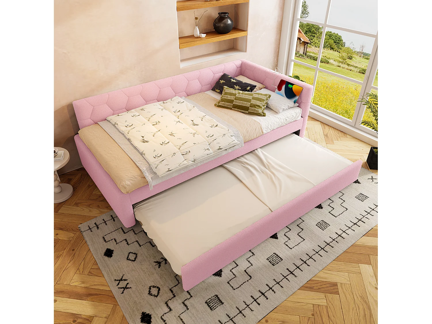 Lit banquette 90x200 cm, peluche rose, lit gigogne avec lampe de chevet et port USB - sans matelas