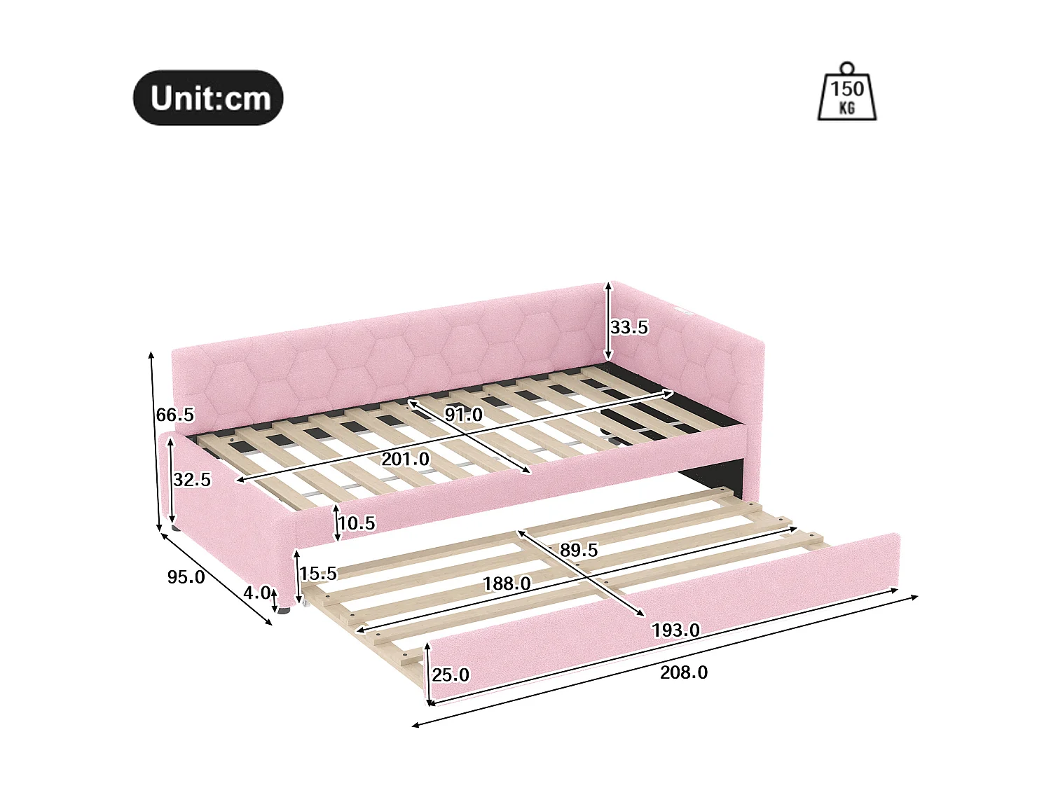 Lit banquette 90x200 cm, peluche rose, lit gigogne avec lampe de chevet et port USB - sans matelas