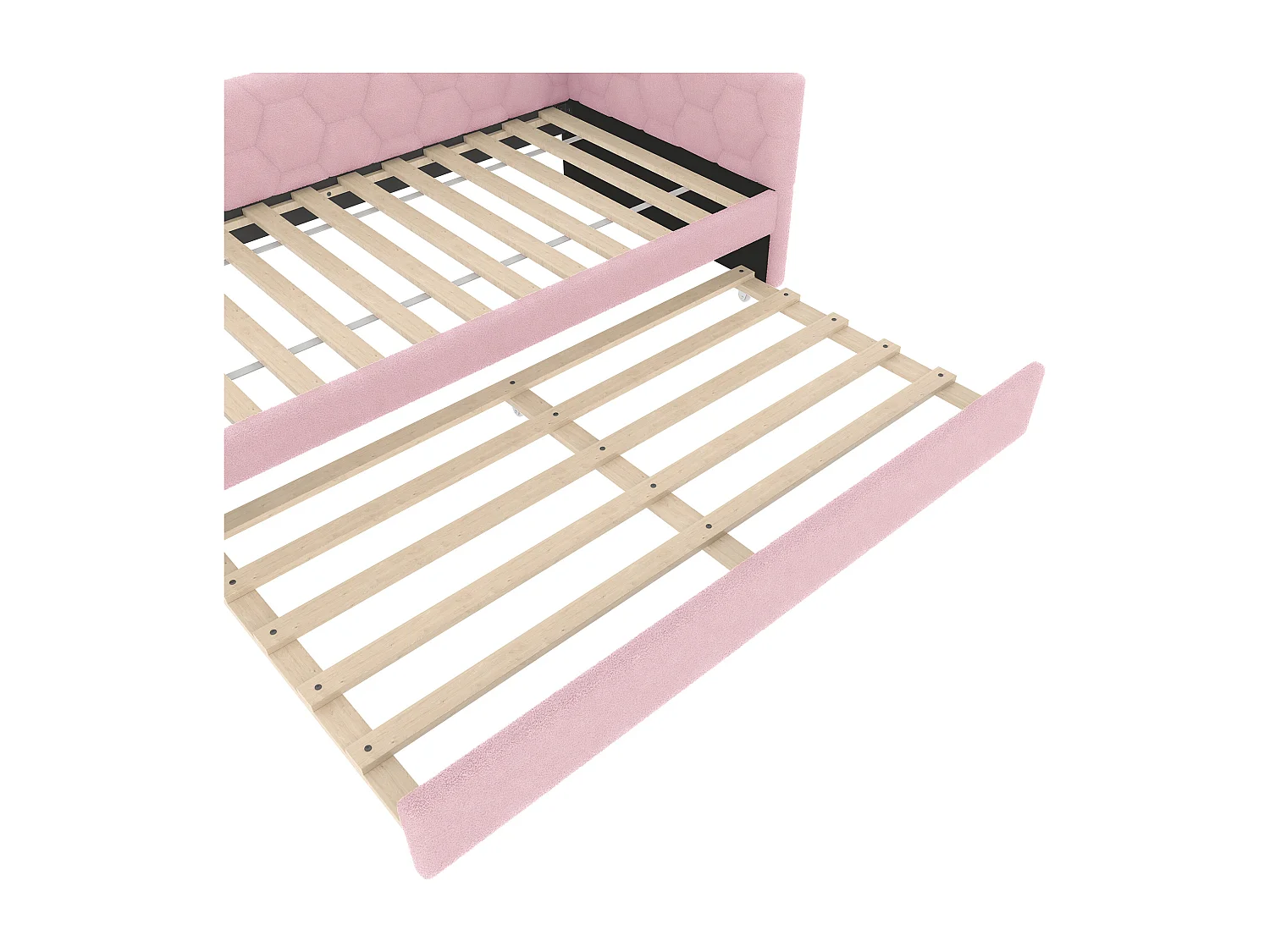 Lit banquette 90x200 cm, peluche rose, lit gigogne avec lampe de chevet et port USB - sans matelas