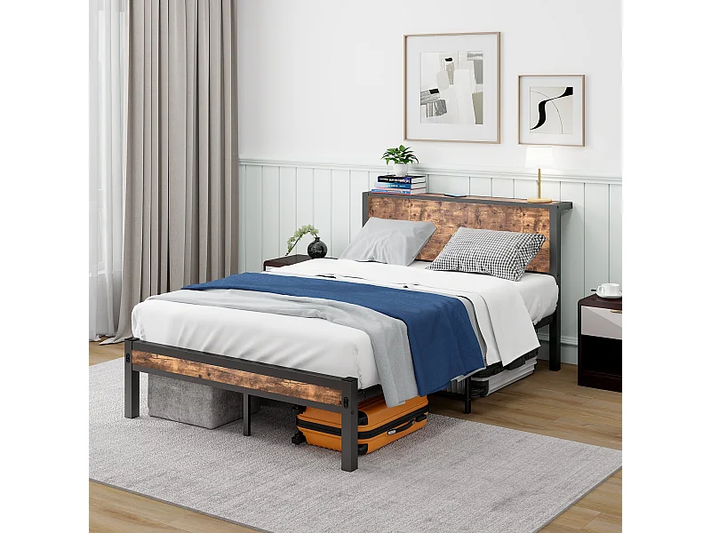 Eenpersoonsbed 120x200 cm, bruin, volwassen bed met metalen lattenbodem - zonder matras