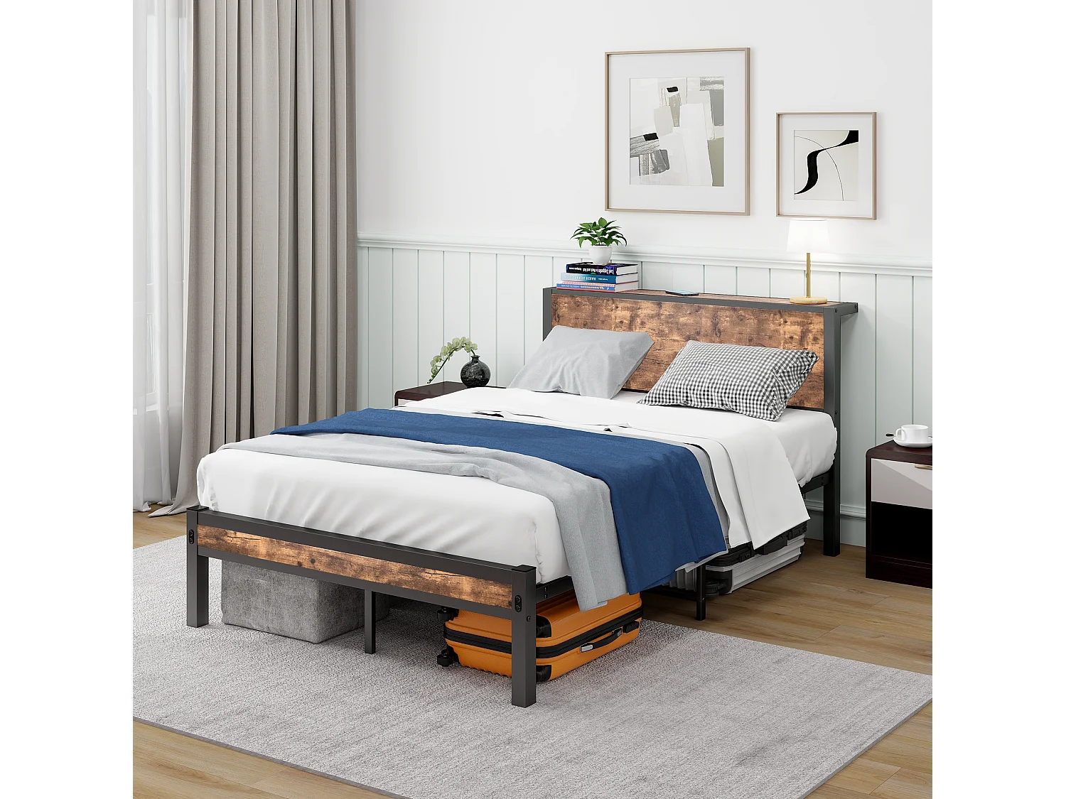 Lit simple 120x200 cm, marron, lit adulte avec sommier à lattes métalliques - sans matelas