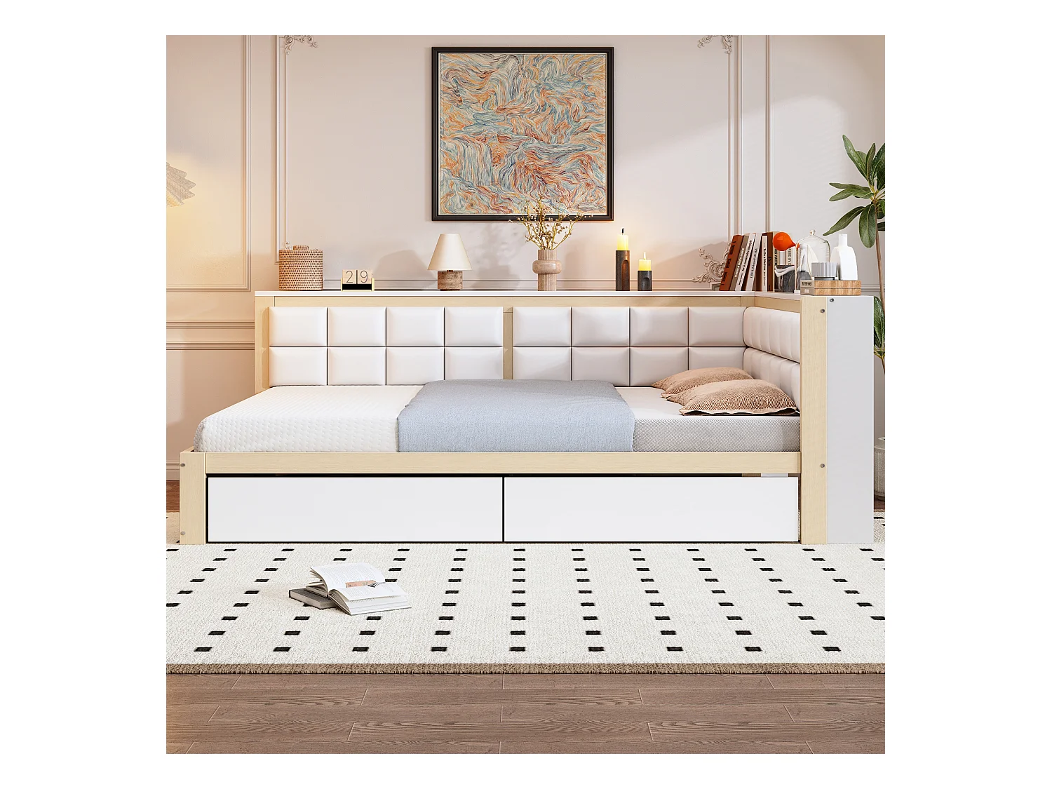 Lit banquette 140x200 cm avec 2 tiroirs de rangement et sommier à lattes, blanc et bois - sans matelas